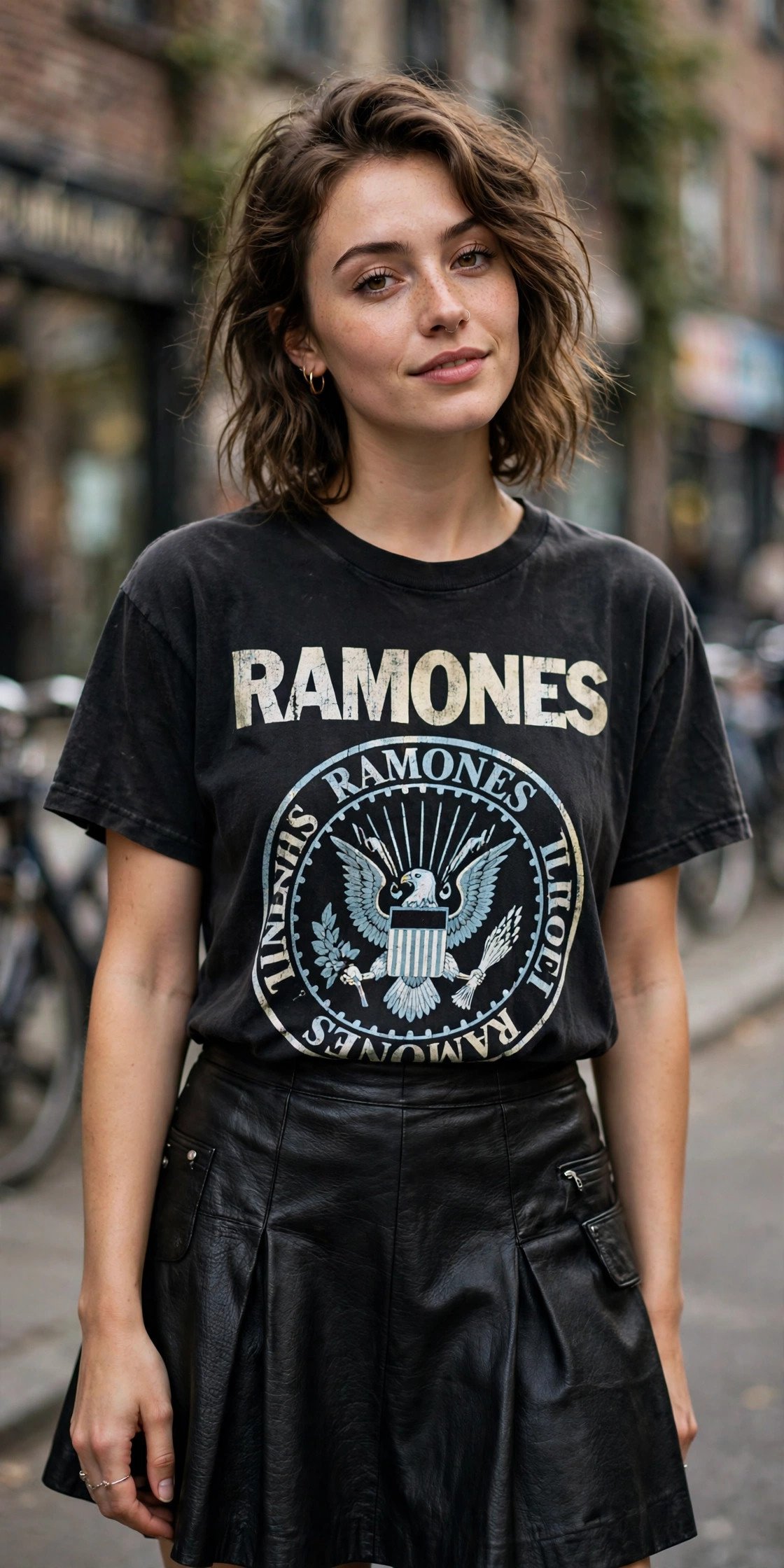 Woman in vintage band tee and leather skirt