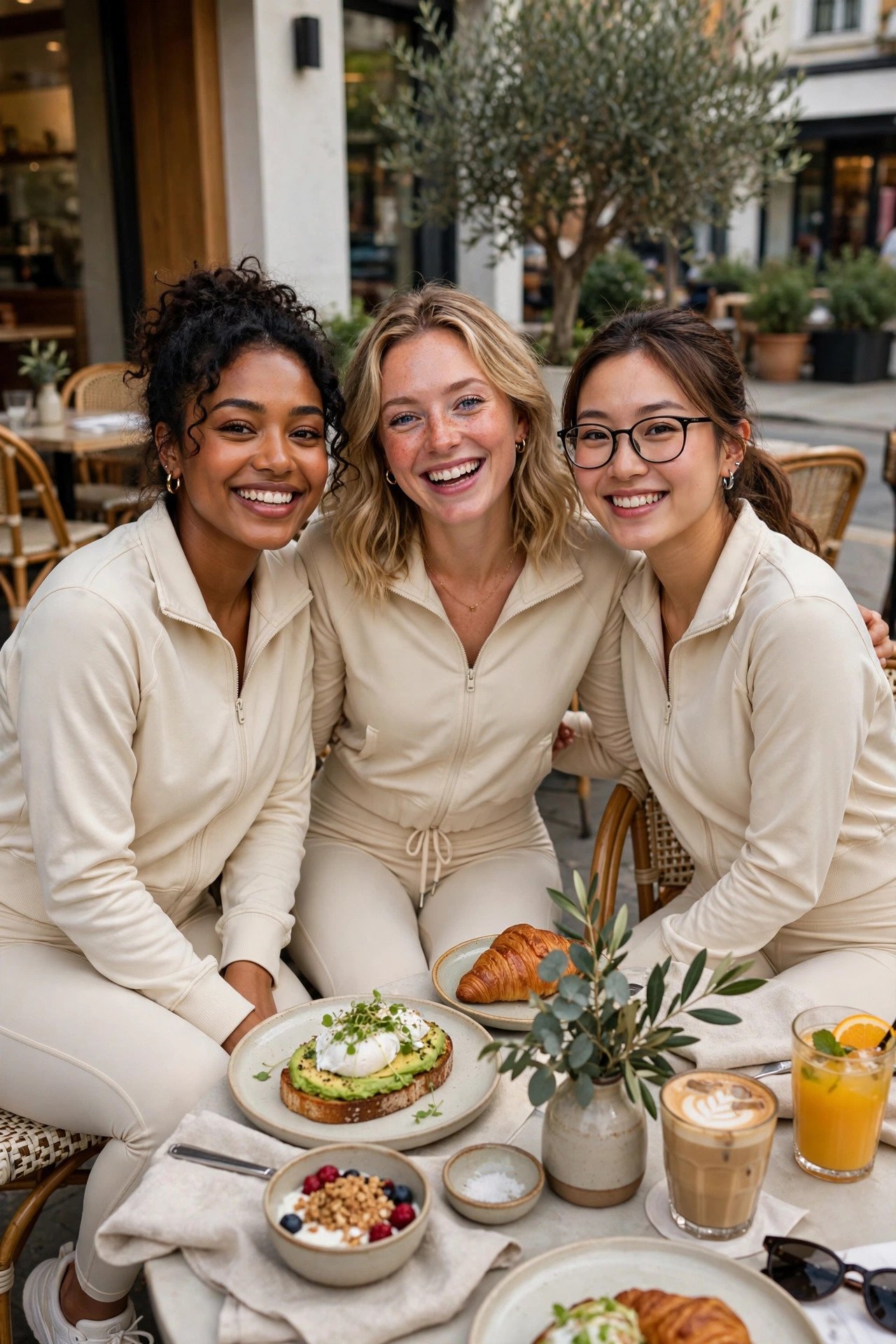 Friends in matching athletic sets at brunch