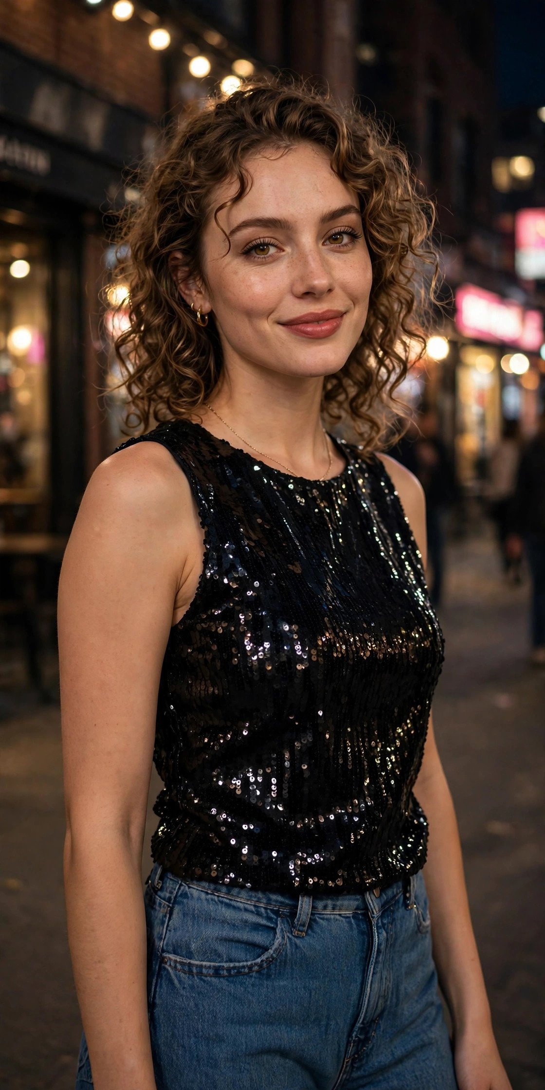 Woman in sequin top and jeans for a night out