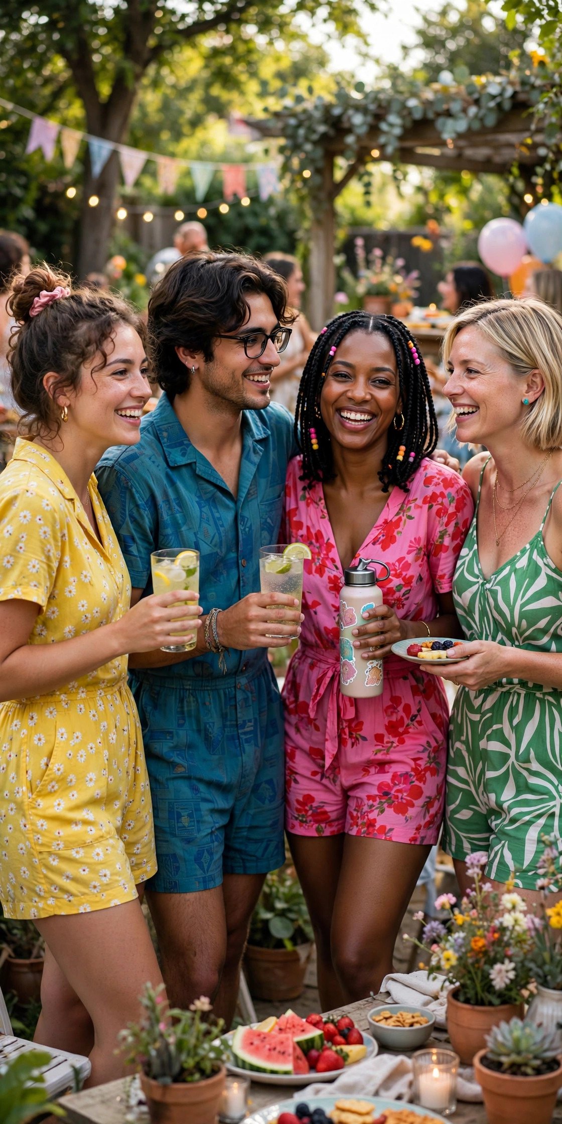 Friends in colorful rompers at a daytime party