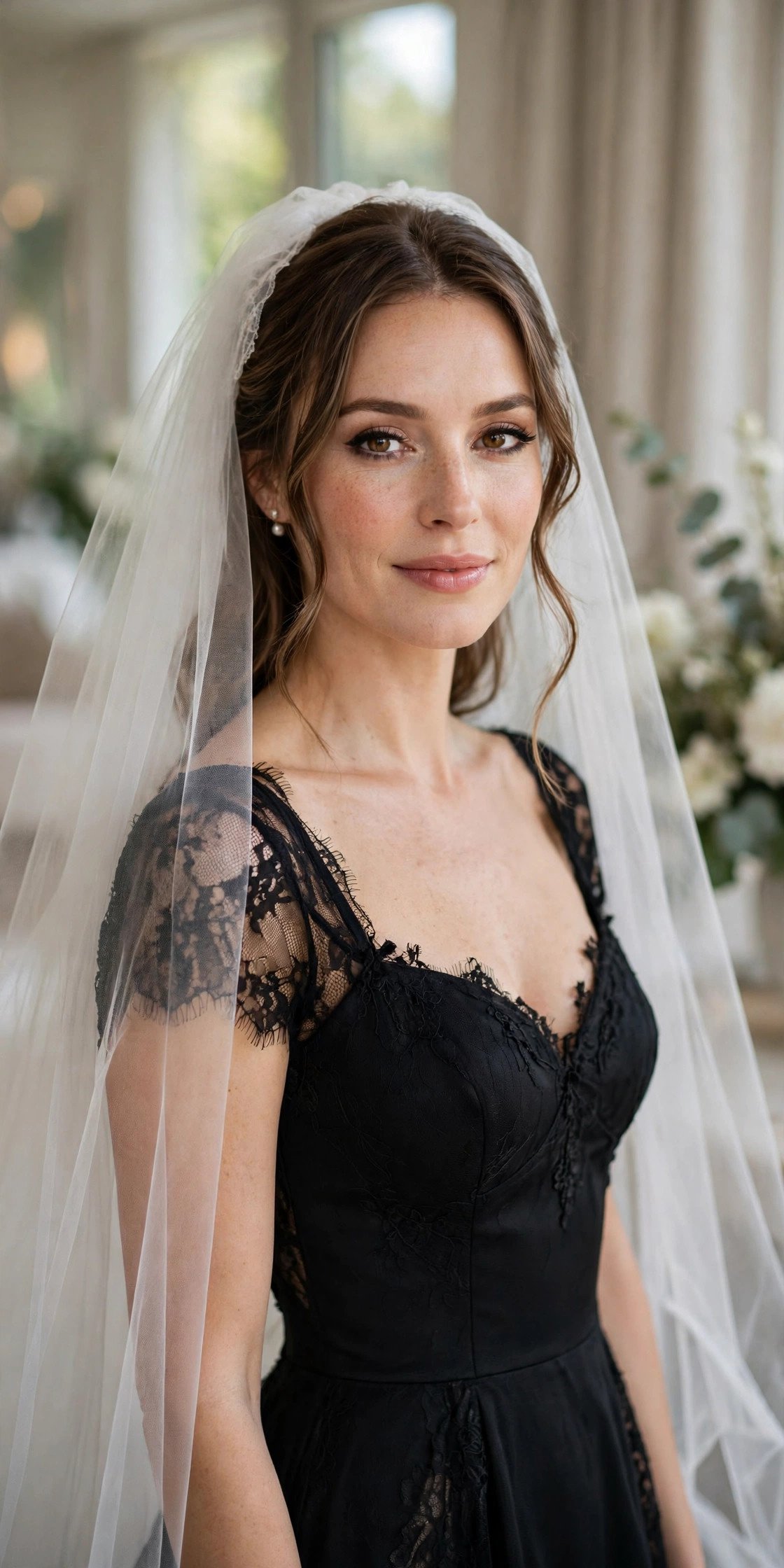 Bride in a little black dress with bride veil