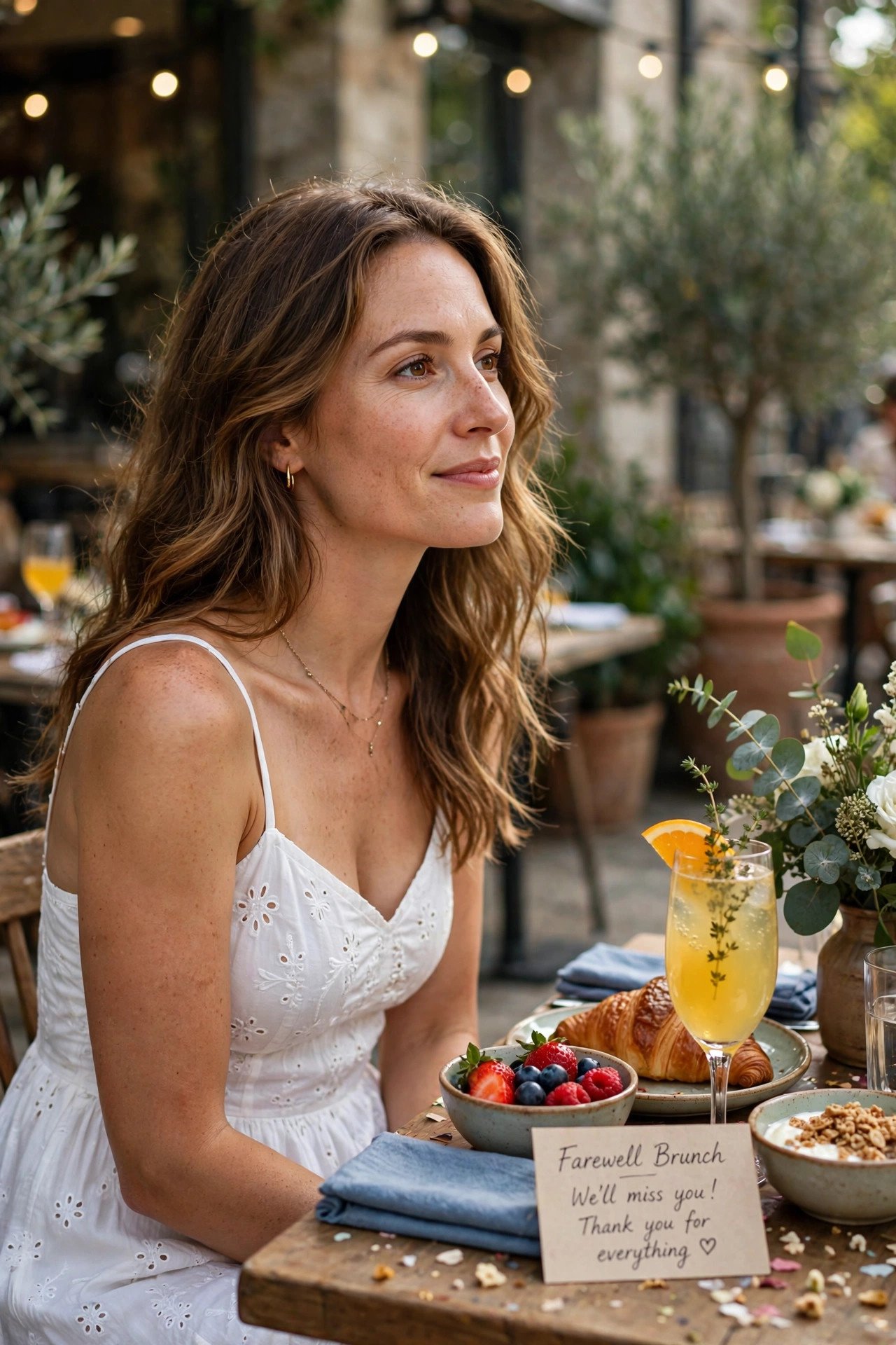 Woman in a white sundress at a farewell brunch