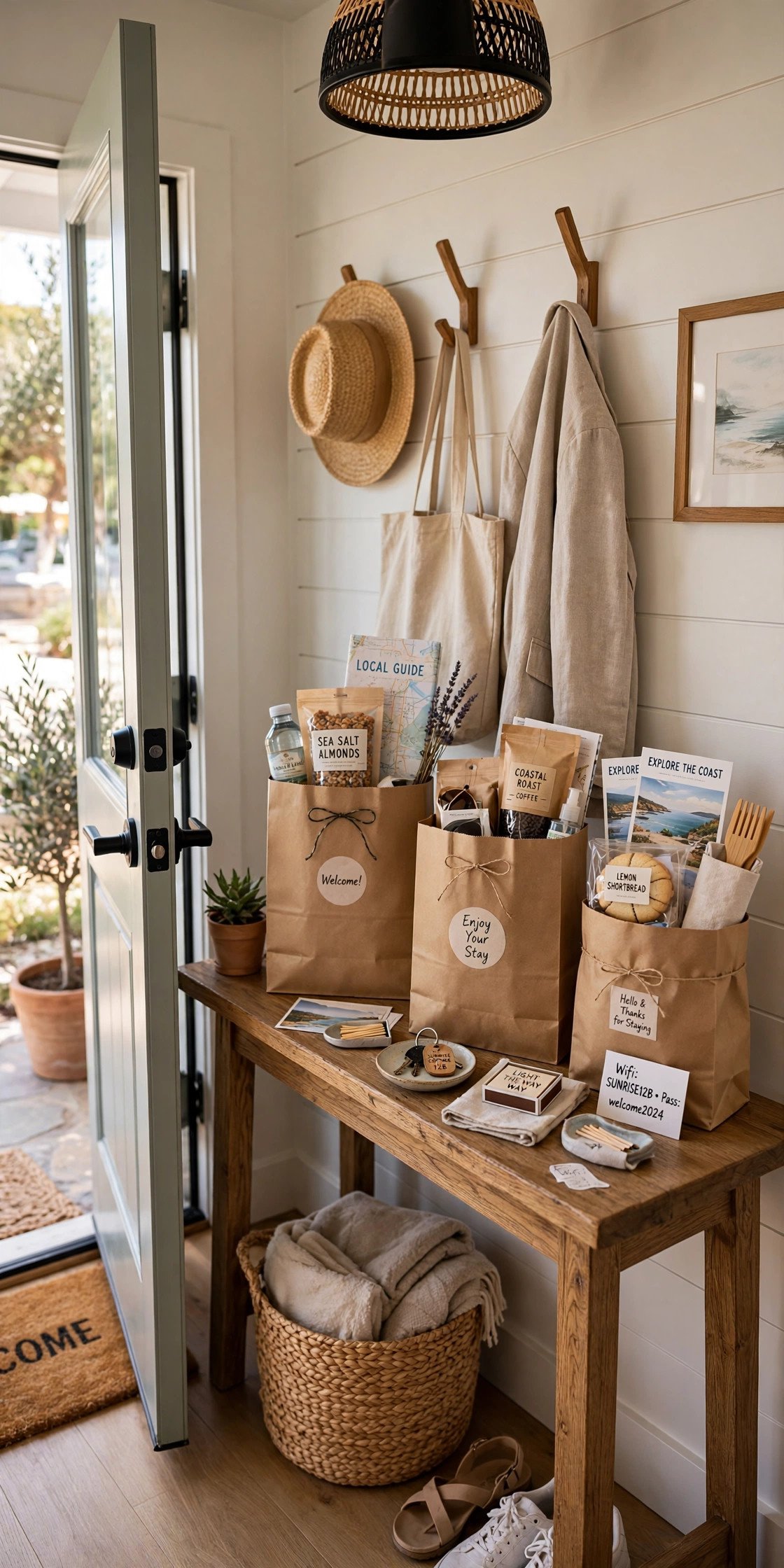 Vacation rental entry with welcome bags on a table