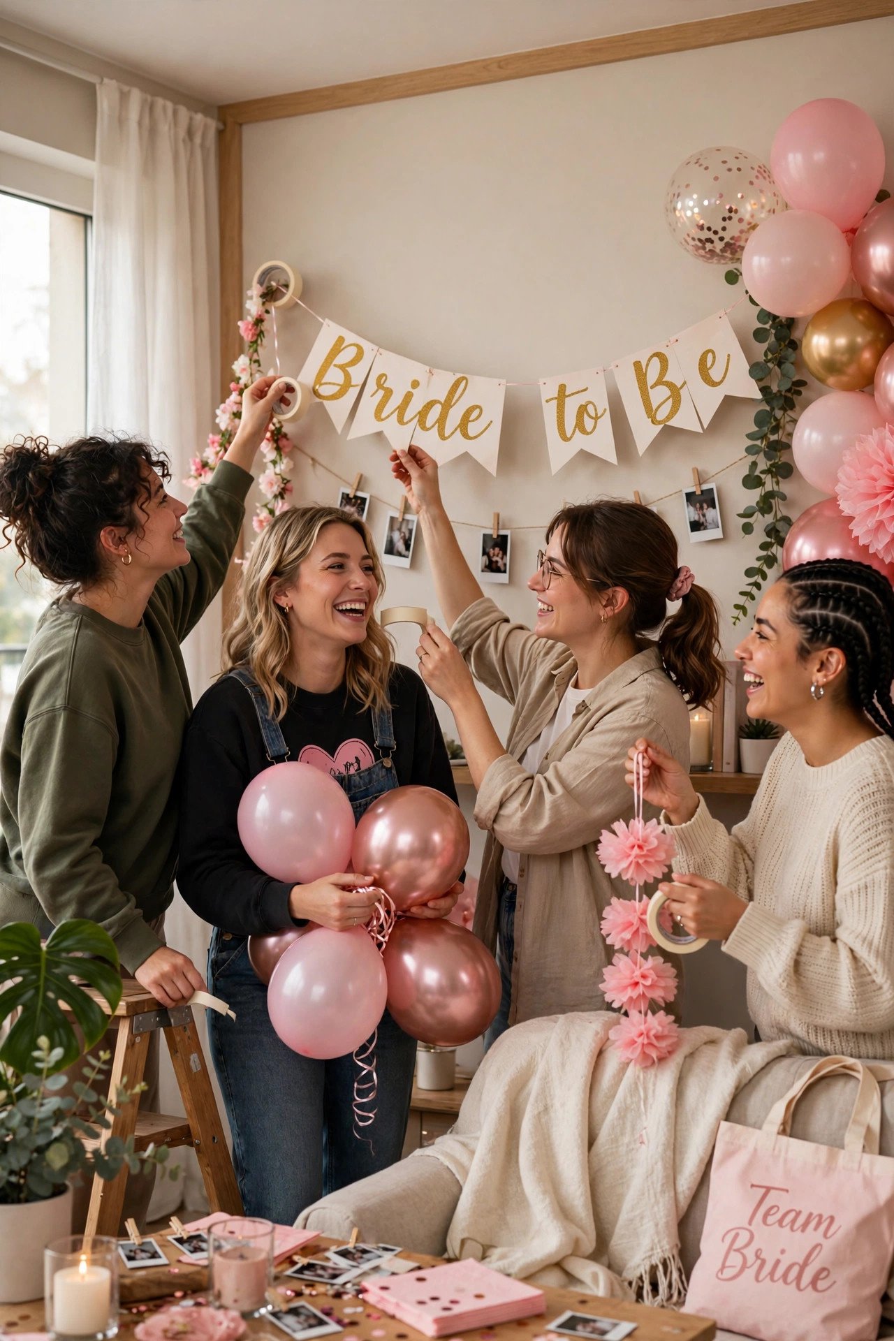Friends hanging bachelorette decorations together