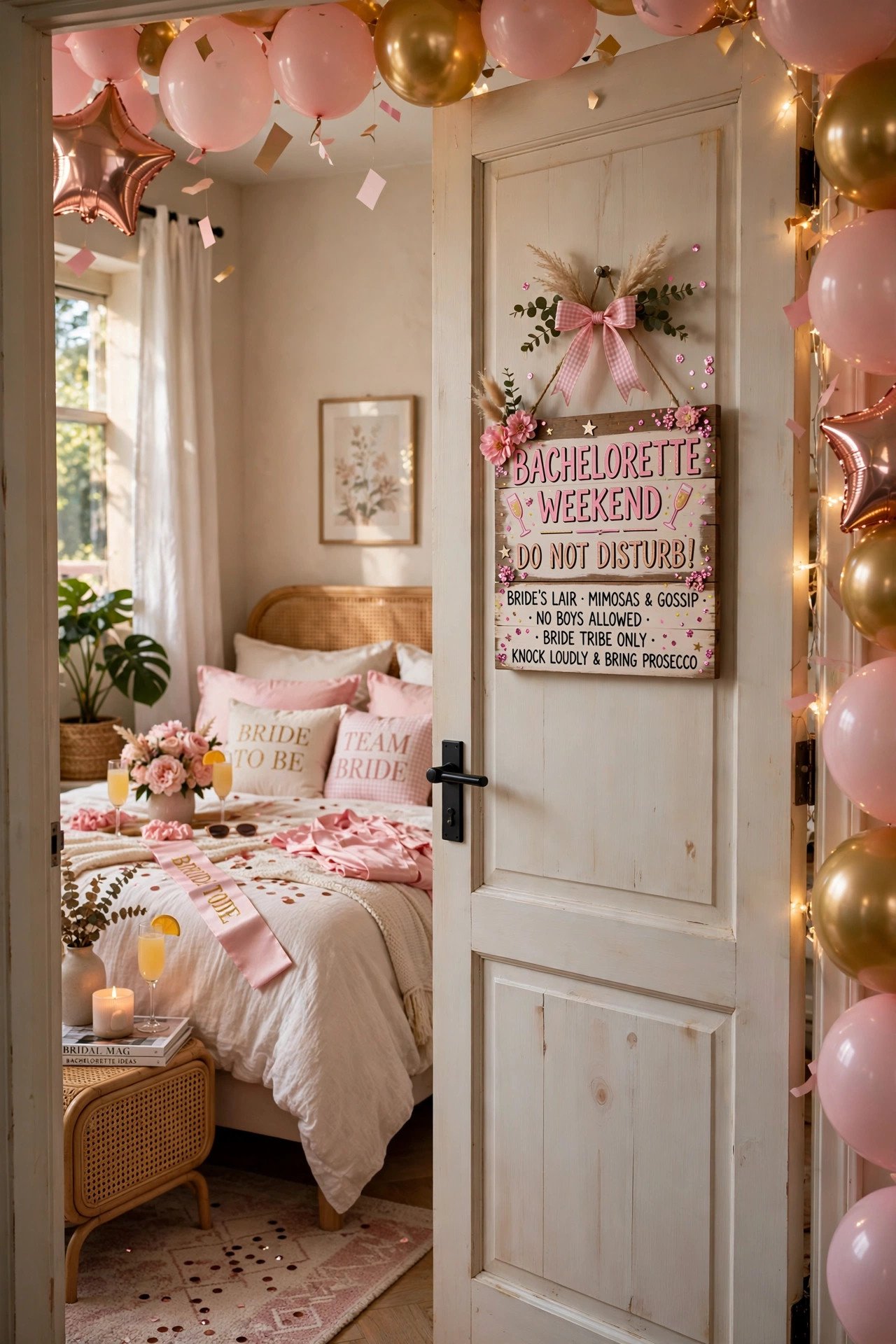 Bedroom with funny door sign for a bachelorette weekend