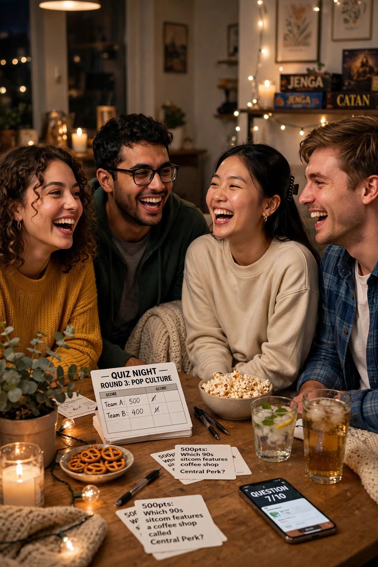 Friends laughing during a quiz game night