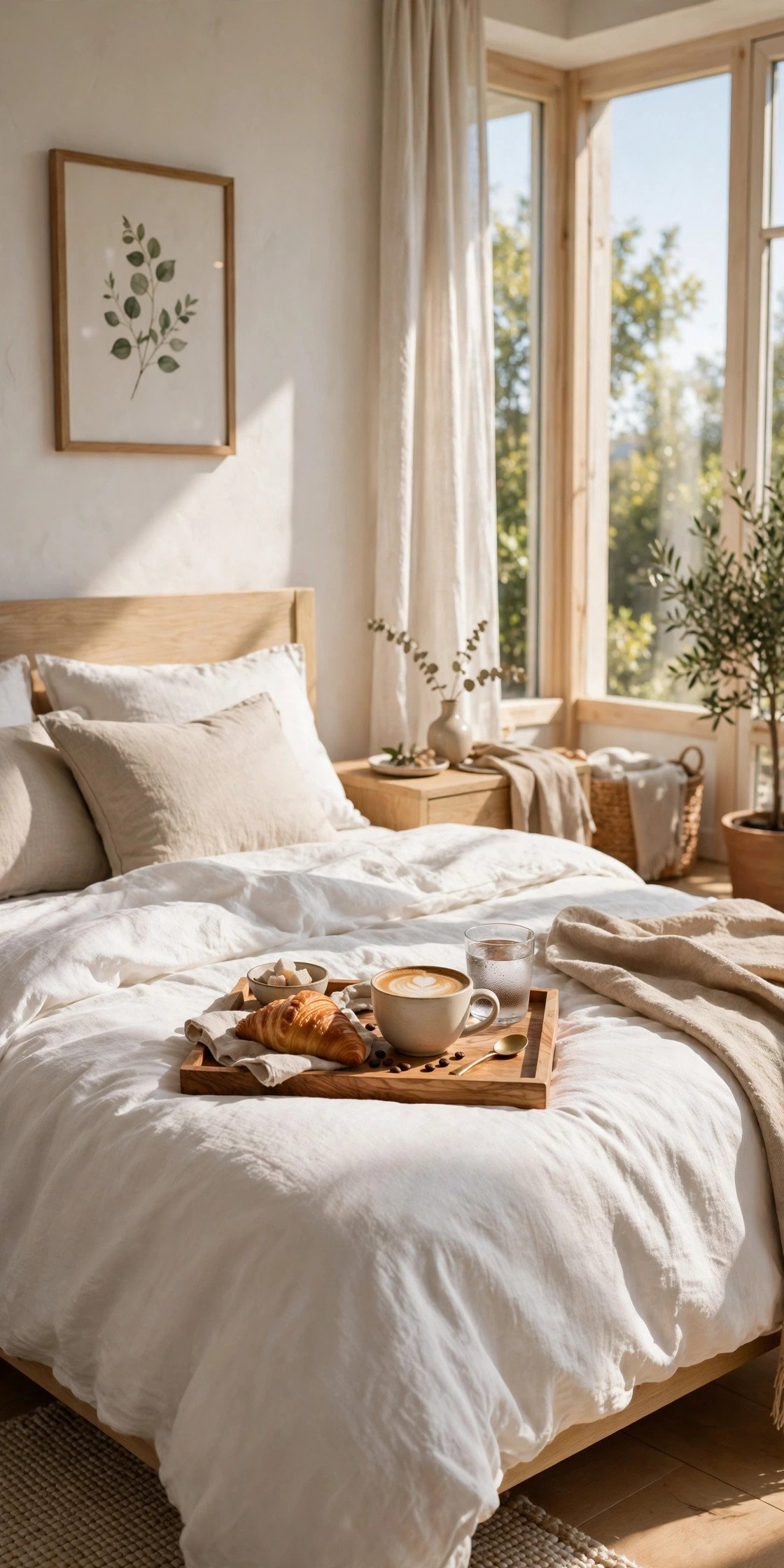 Sunny bedroom with coffee on a tray