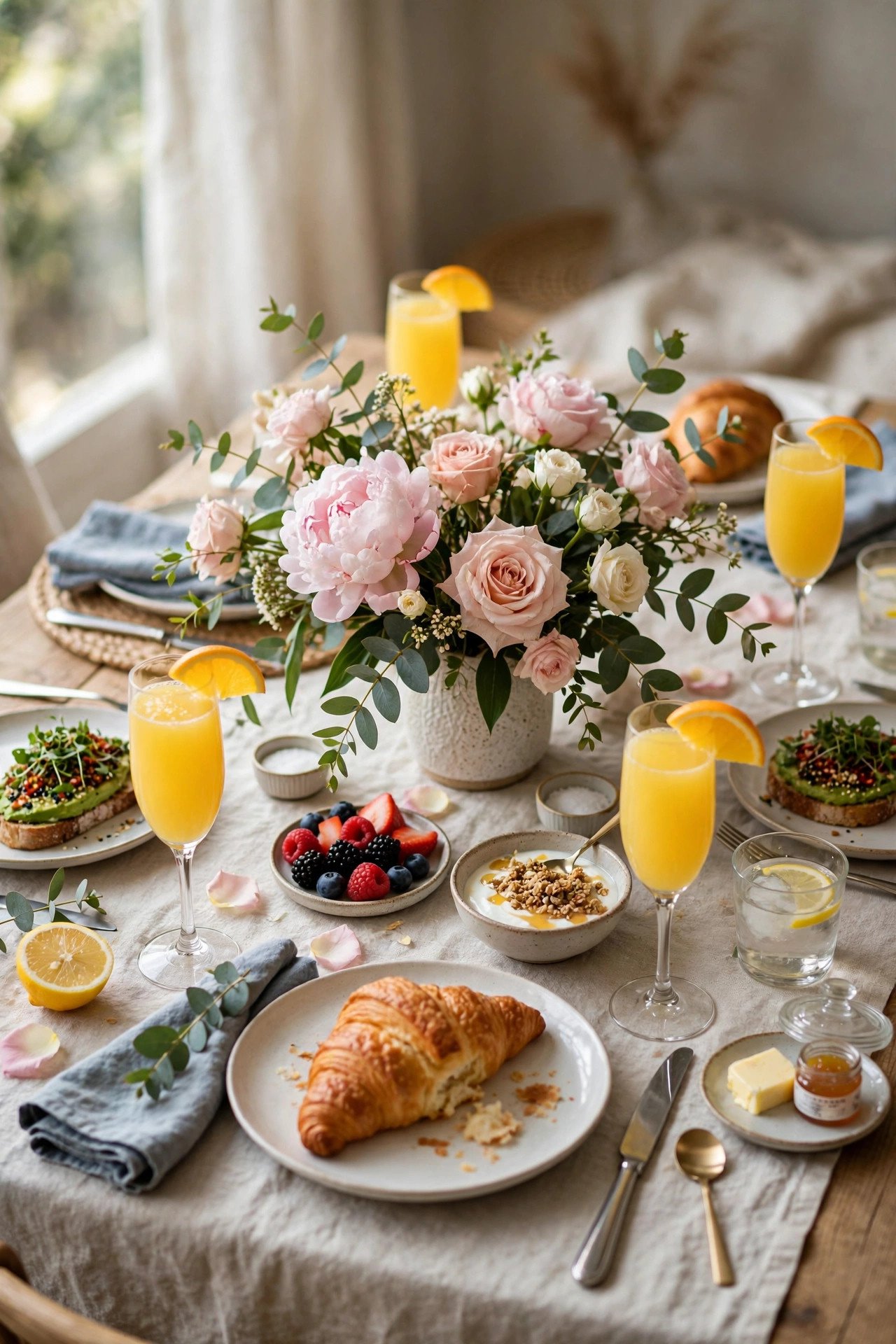 Beautiful brunch table with flowers and mimosas