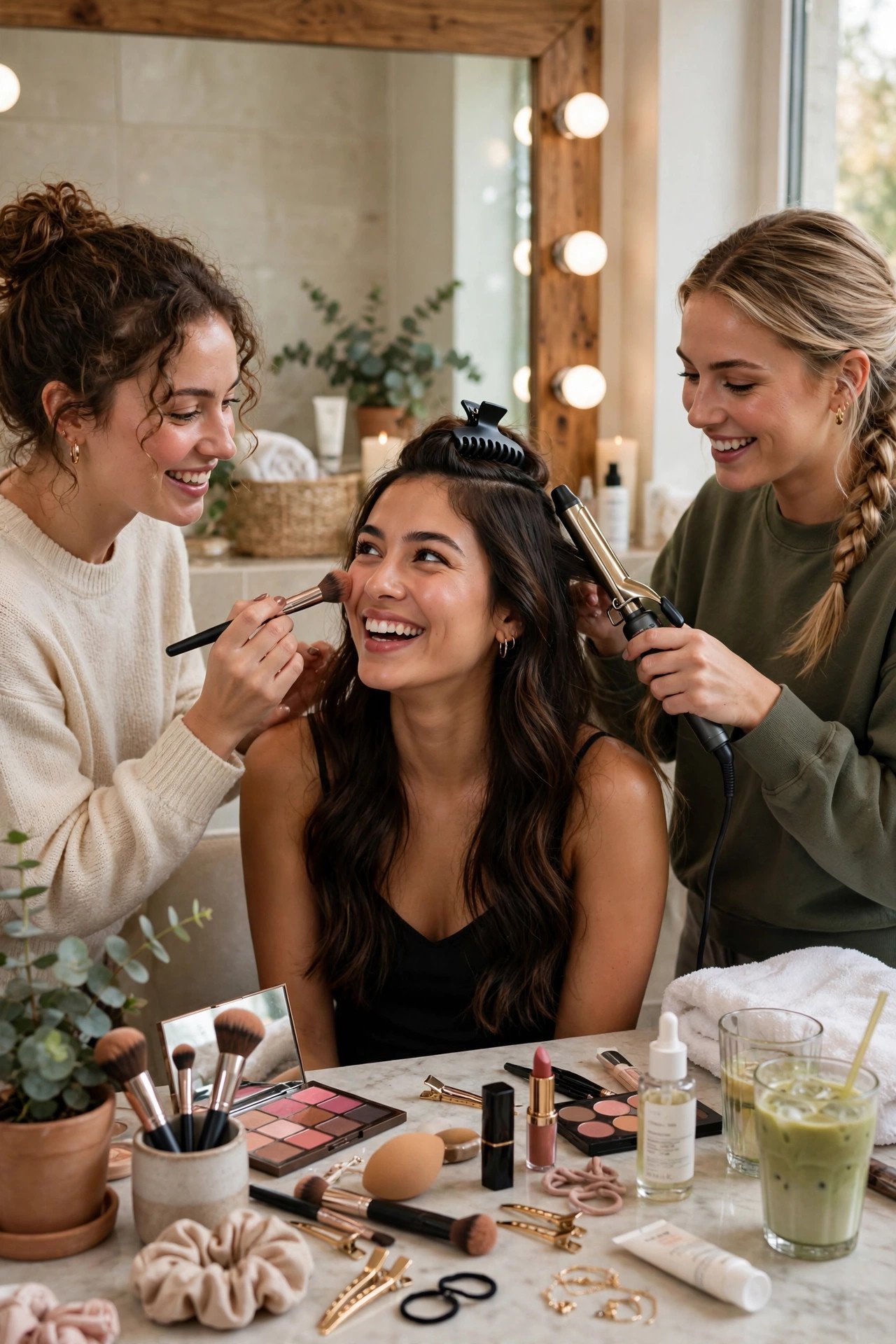 Friends doing hair and makeup together