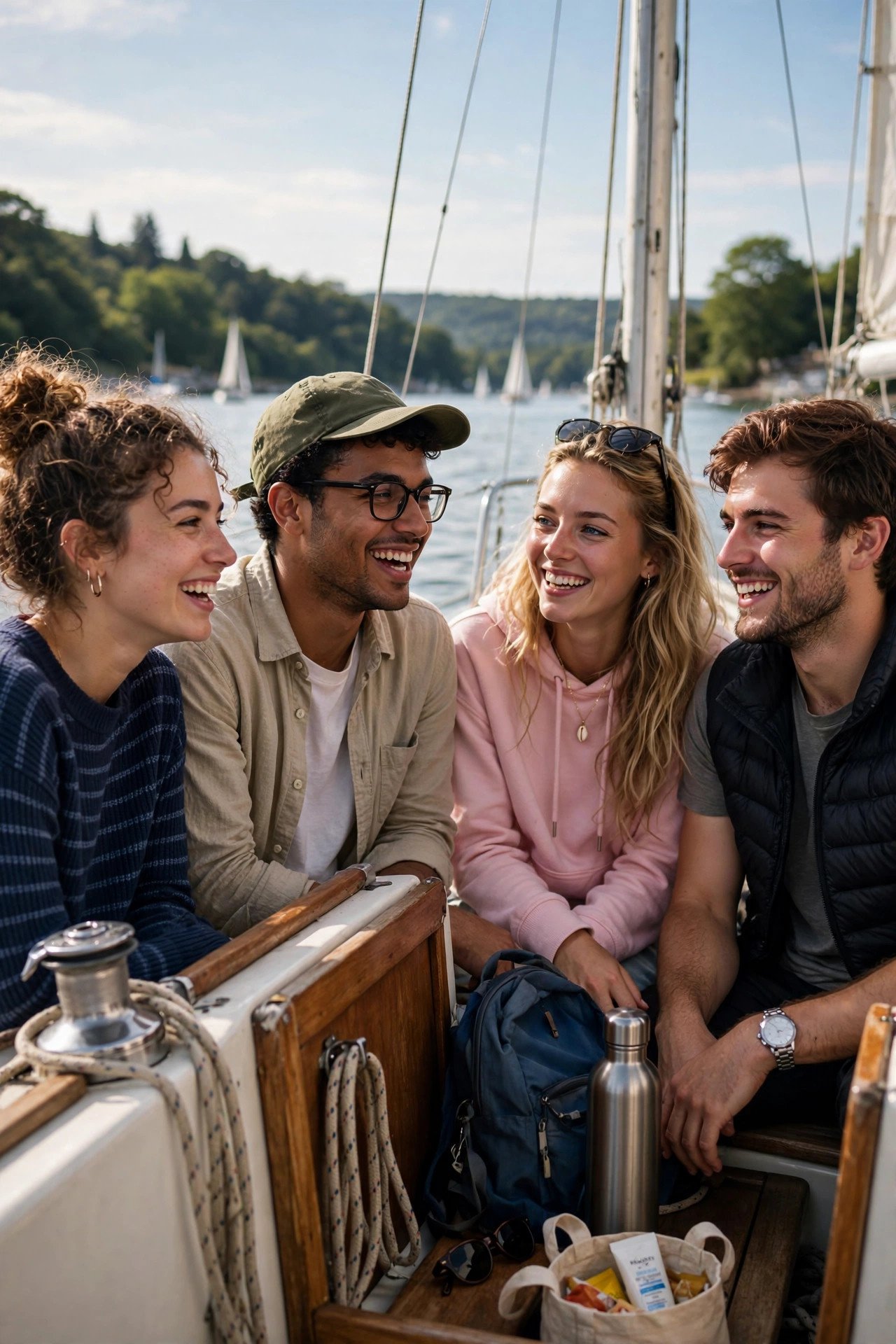 Friends enjoying a group activity like a boat or class