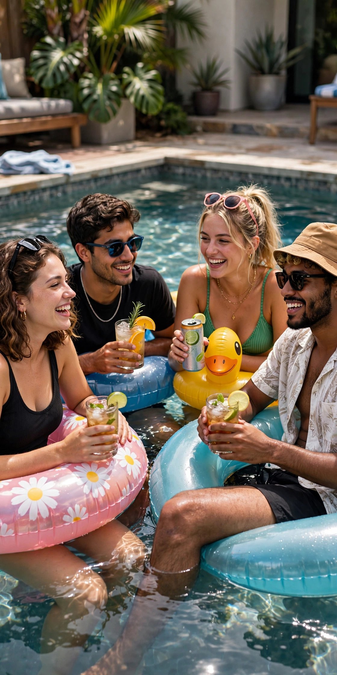 Friends floating in a pool with drinks