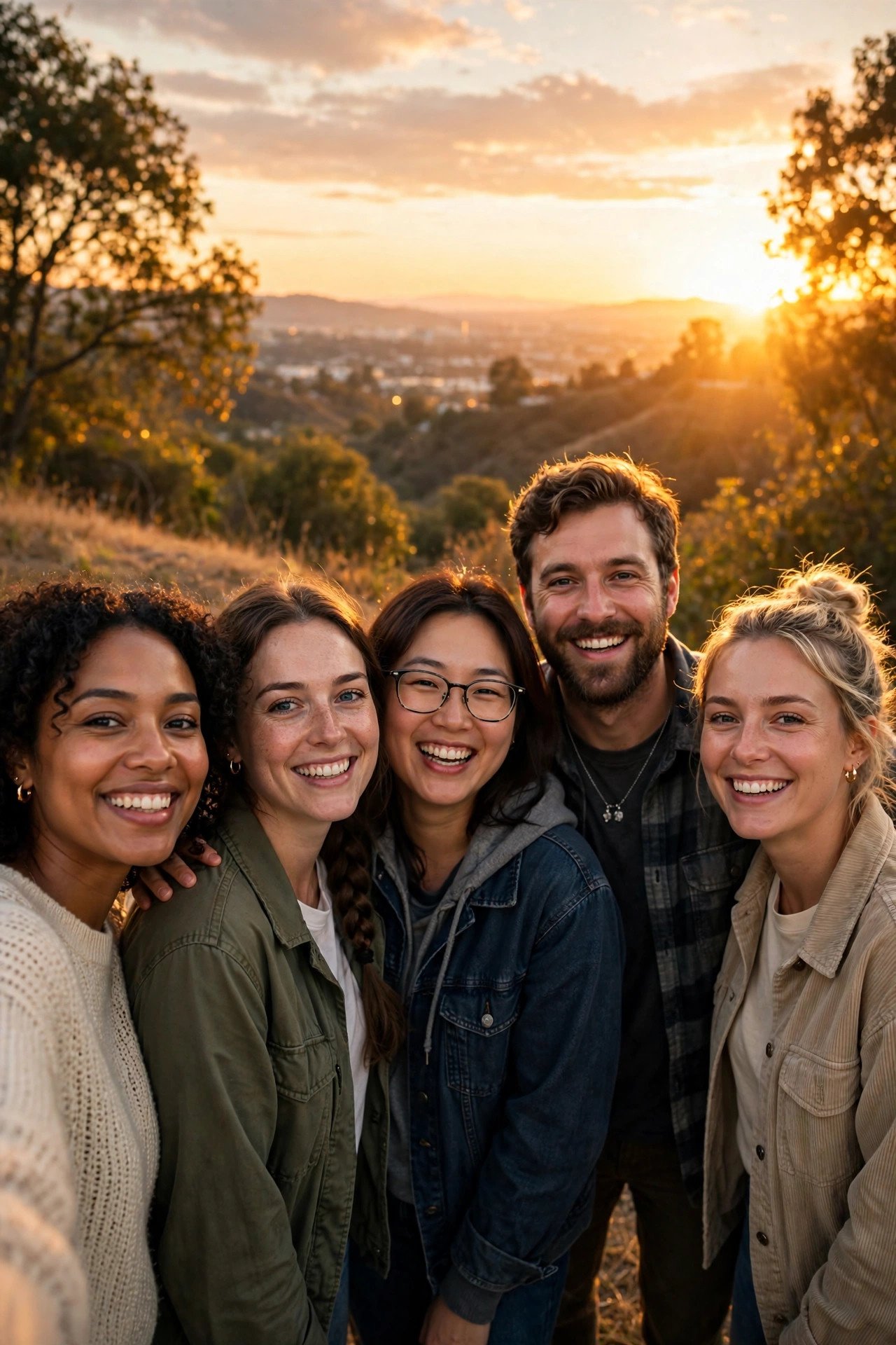 Group photo at golden hour with sunset light