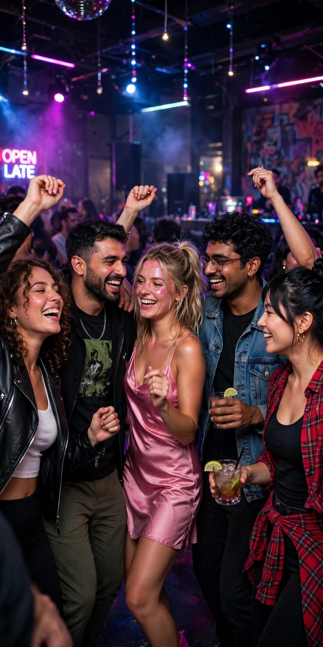 Friends dancing at a club with lights