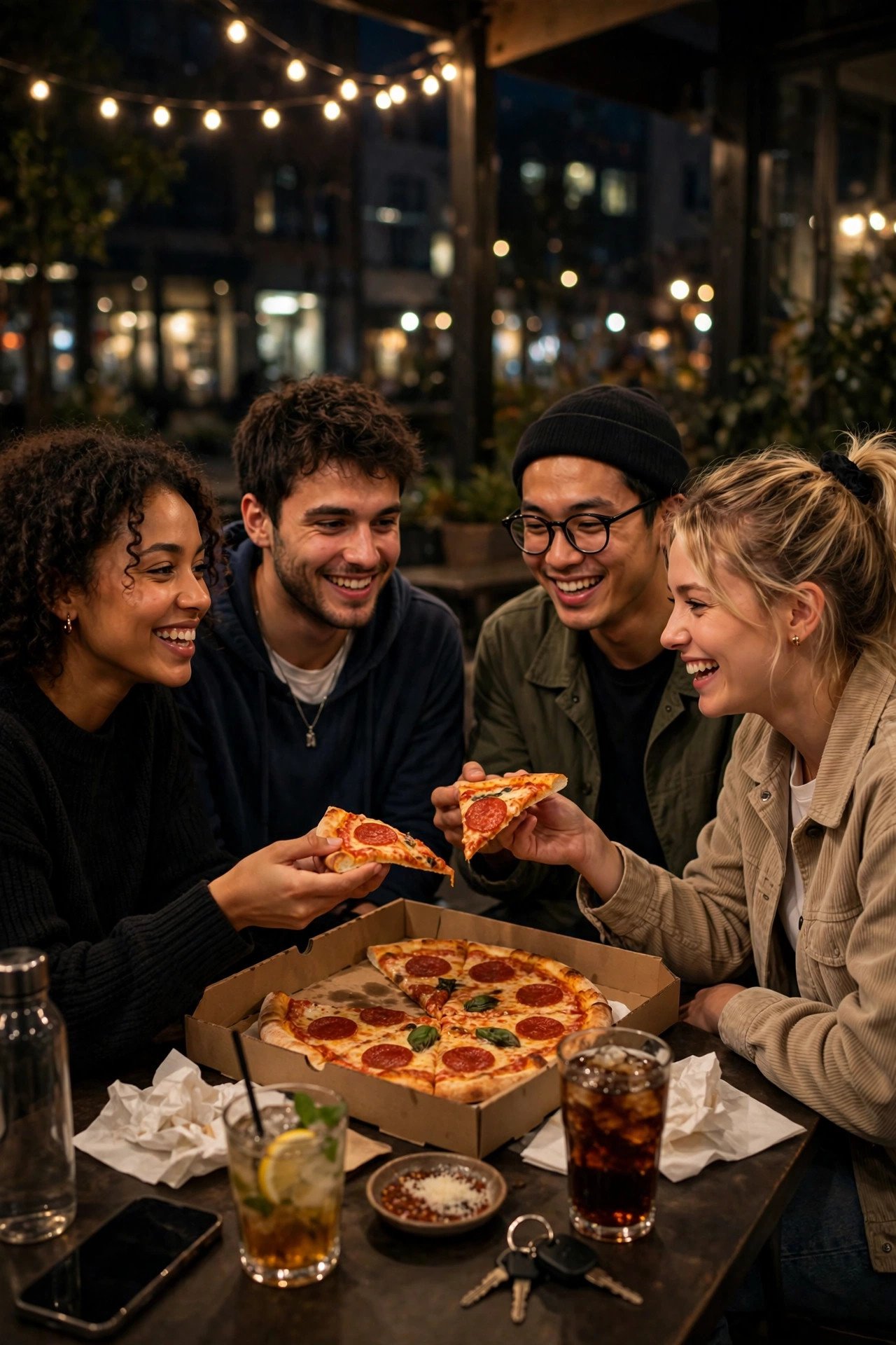 Friends sharing pizza late at night