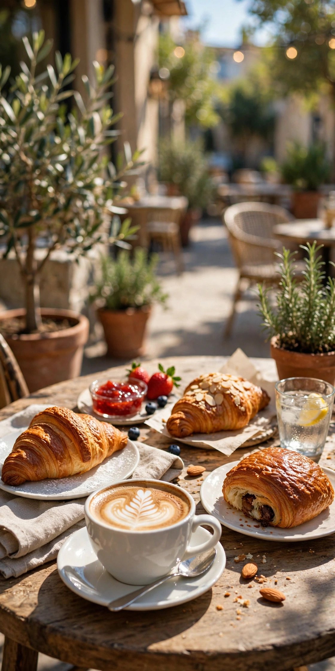 Coffee and pastries on a sunny patio
