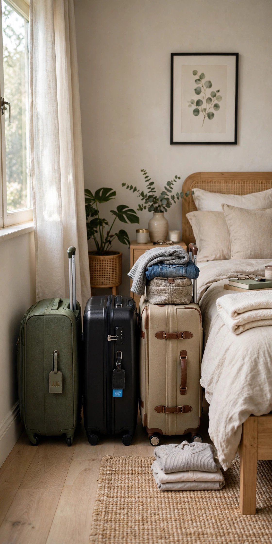 Suitcases packed neatly in a bedroom