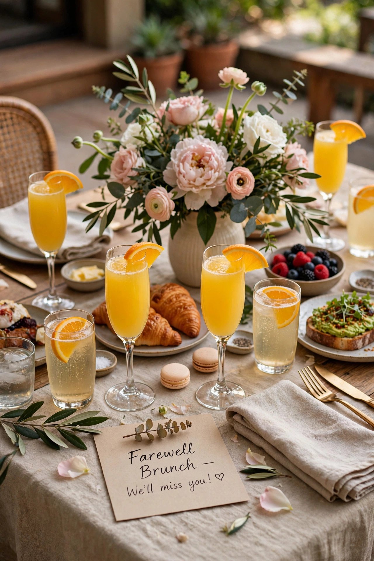 Farewell brunch table with mimosas and flowers
