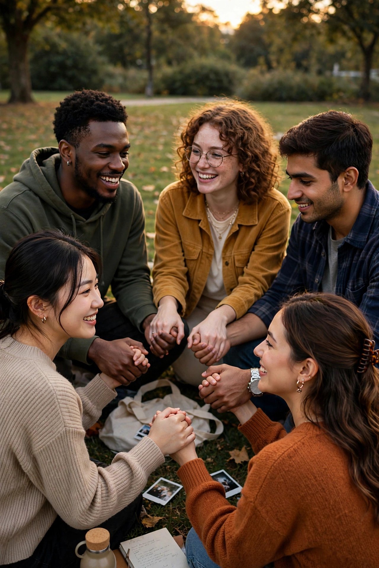 Friends holding hands in a circle sharing memories