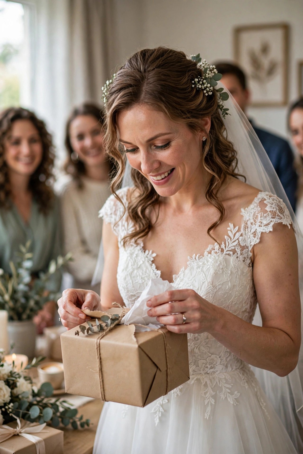 Bride opening a gift box from her friends