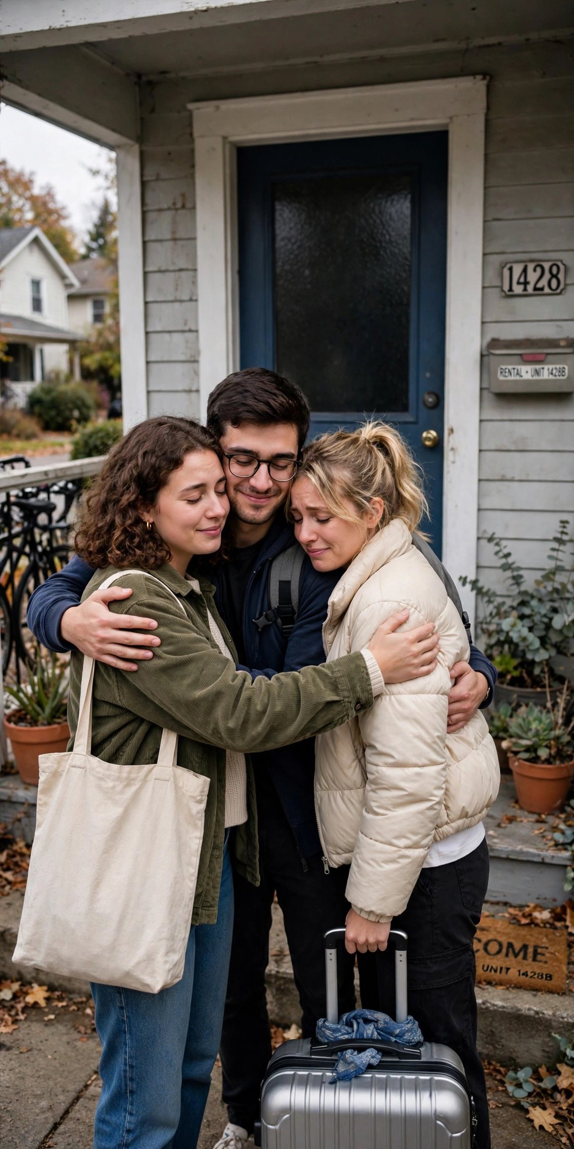 Friends hugging goodbye outside a rental