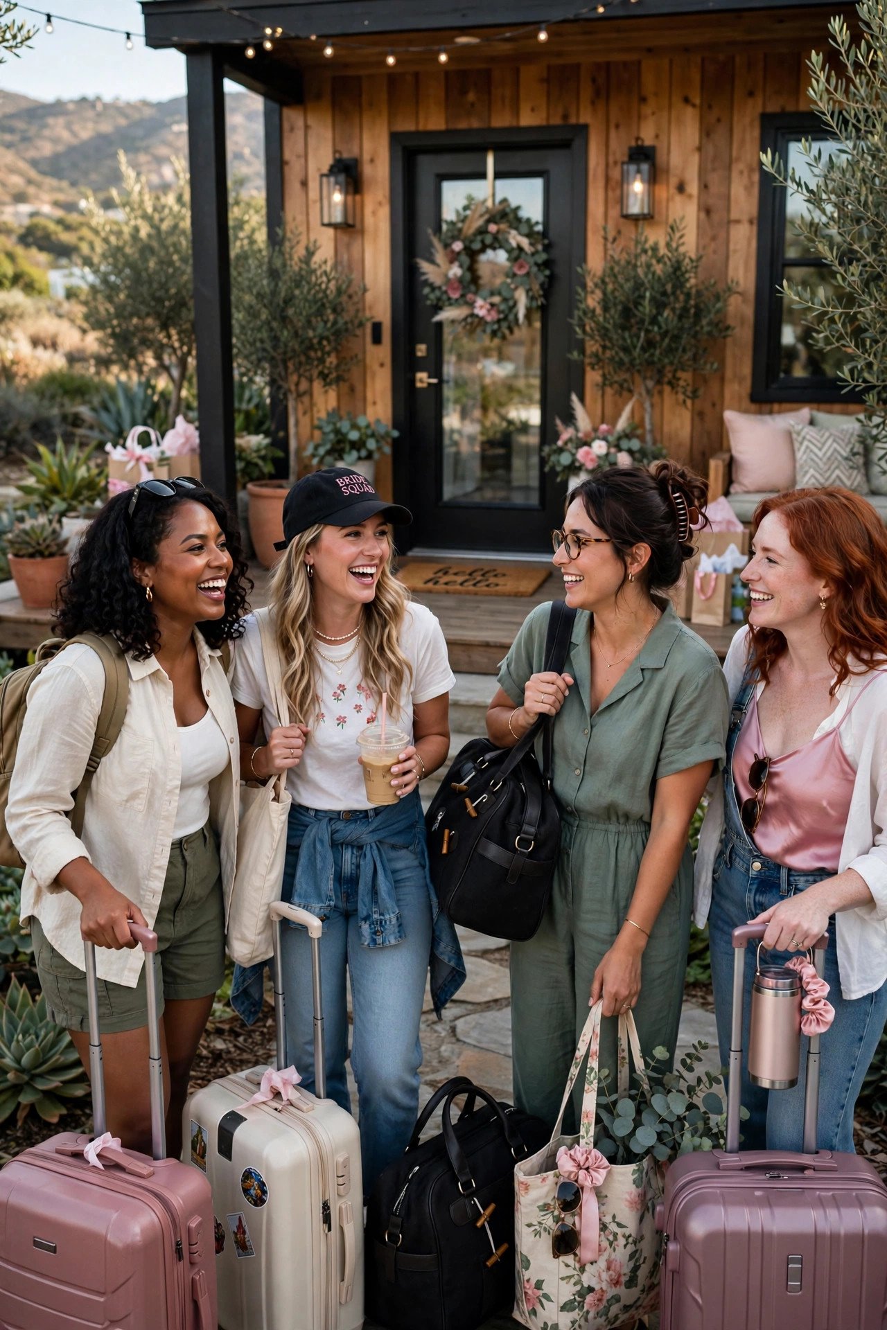 Friends with luggage arriving at a beautiful vacation rental for a bachelorette weekend