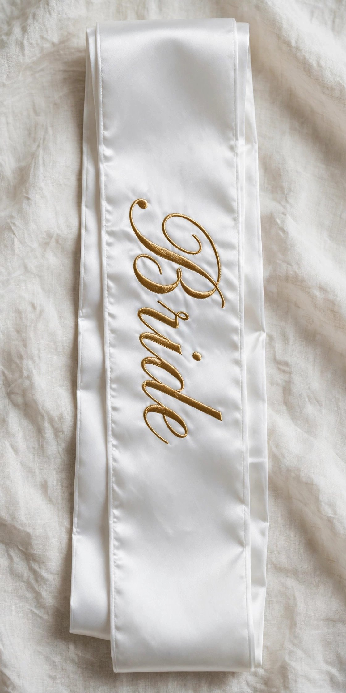 Classic white satin bride sash with gold Bride lettering