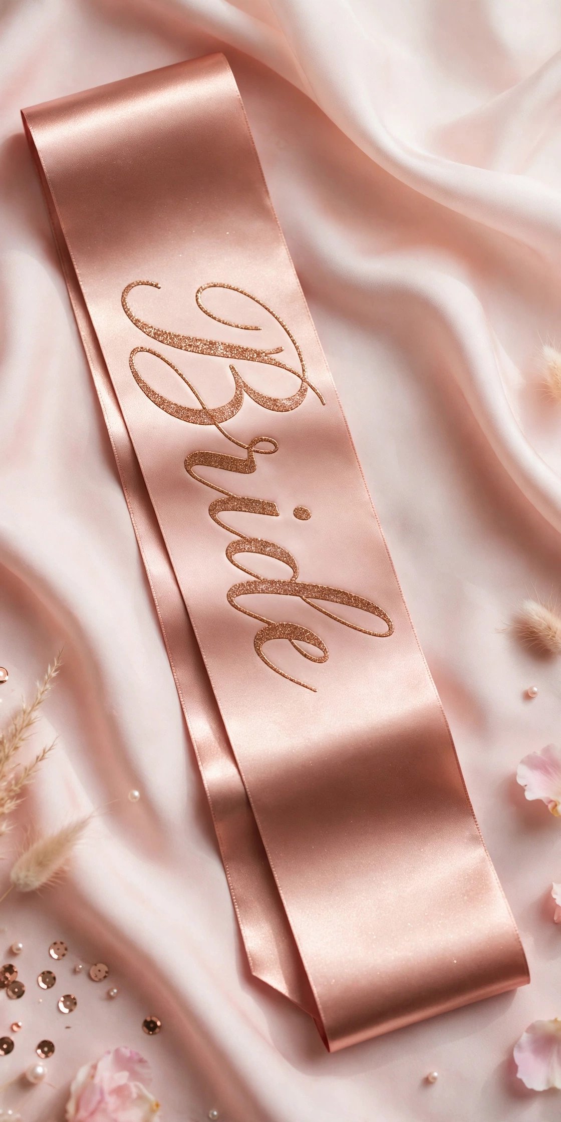 Rose gold script bride sash on blush satin
