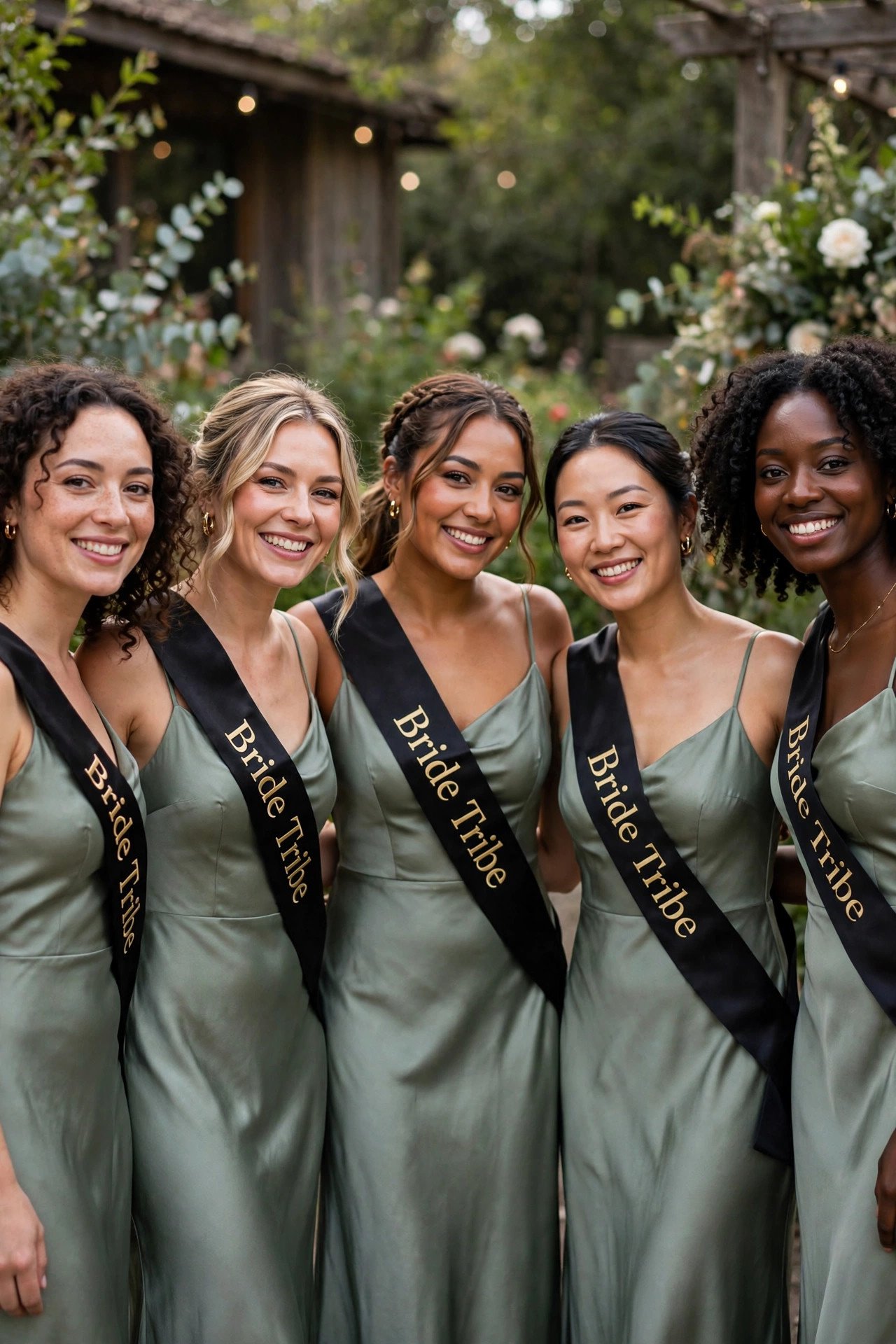 Group of bridesmaids wearing matching Bride Tribe sashes