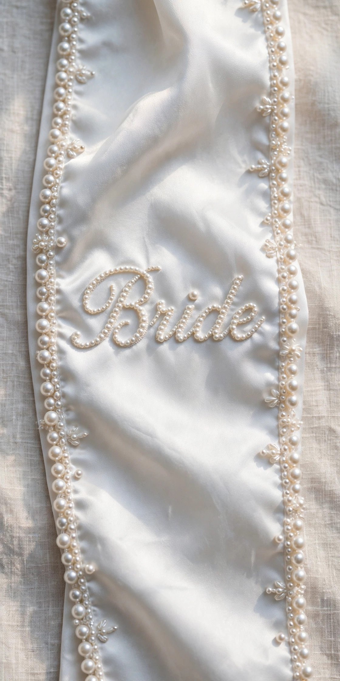 Elegant white sash decorated with pearls and Bride lettering