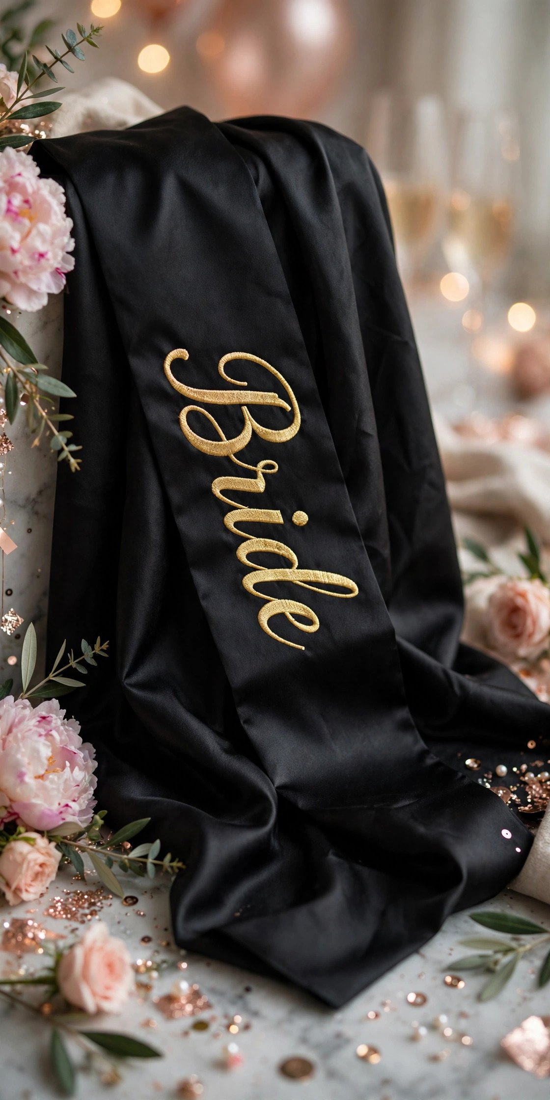 Black satin sash with gold Bride lettering for glam bachelorette