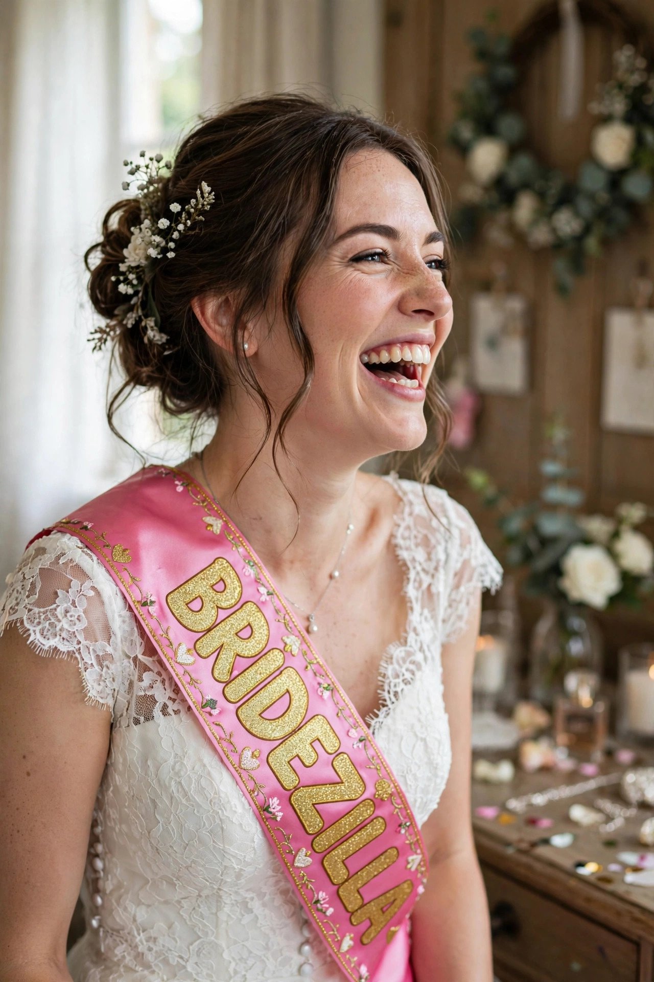Funny Bridezilla sash worn by laughing bride