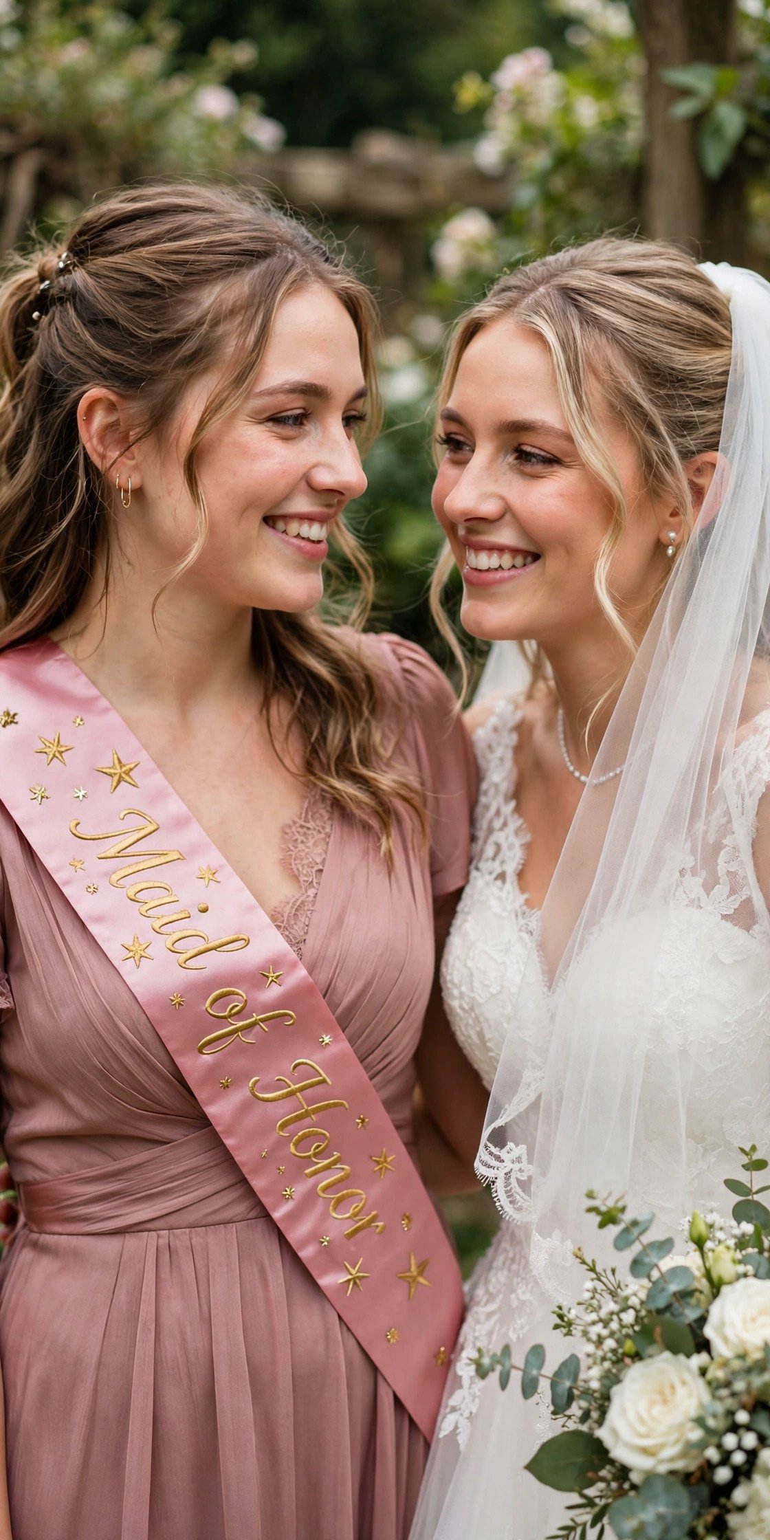 Maid of Honor sash with star details next to bride