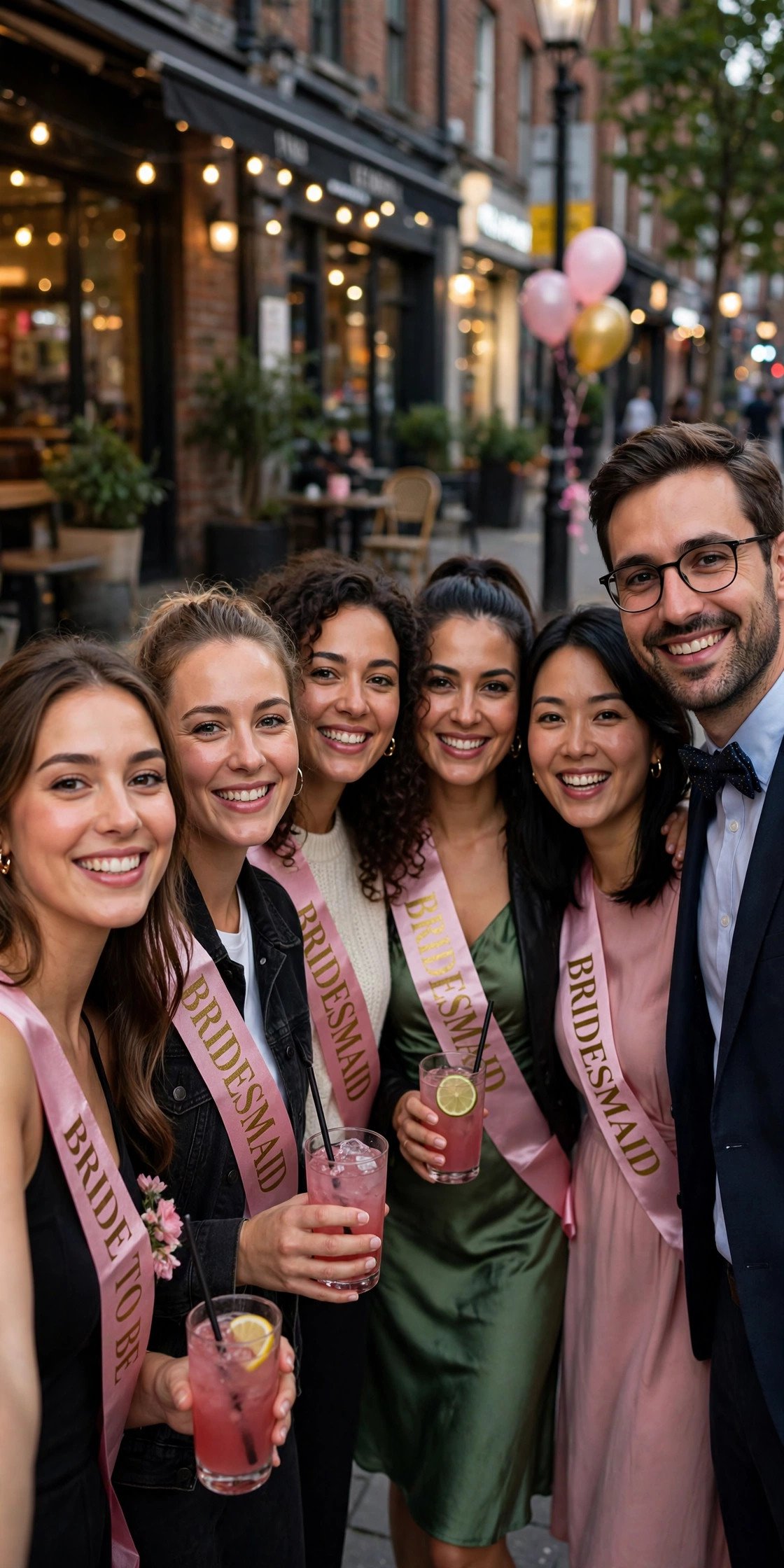 Bachelorette group posing with a stranger wearing a bow tie