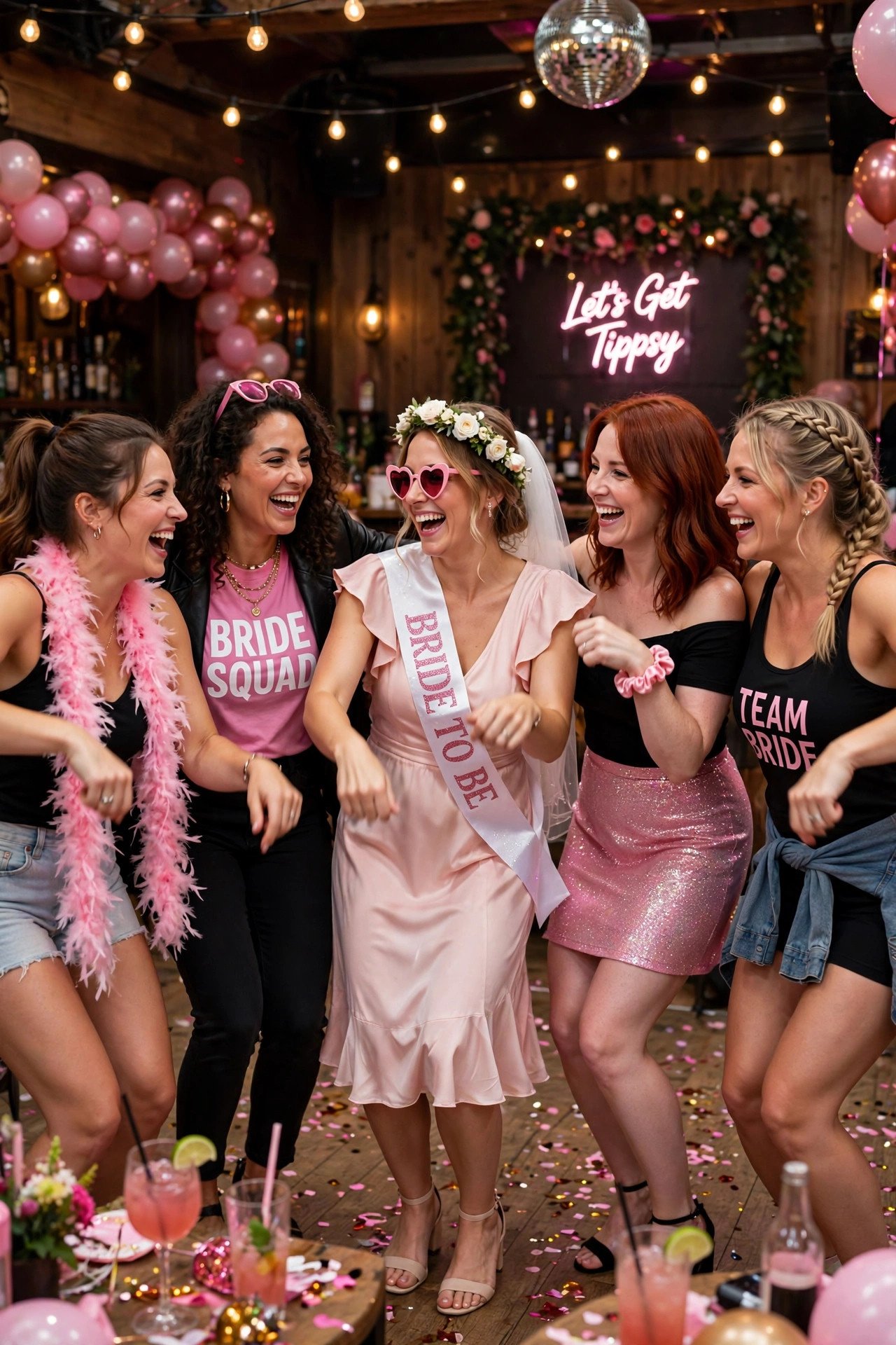 Bachelorette group doing the chicken dance on a dance floor