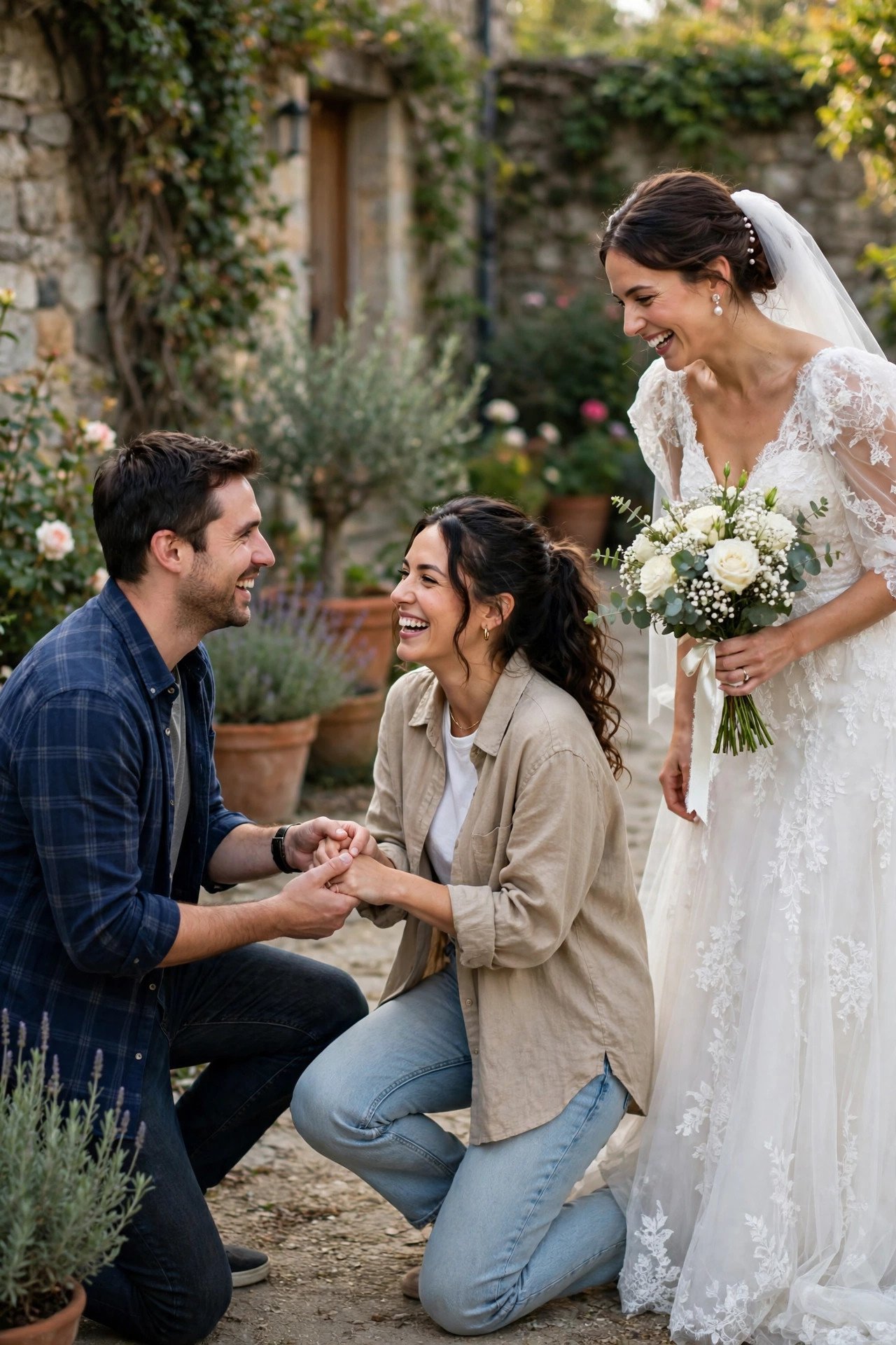 Stranger couple recreating a proposal pose with the bride
