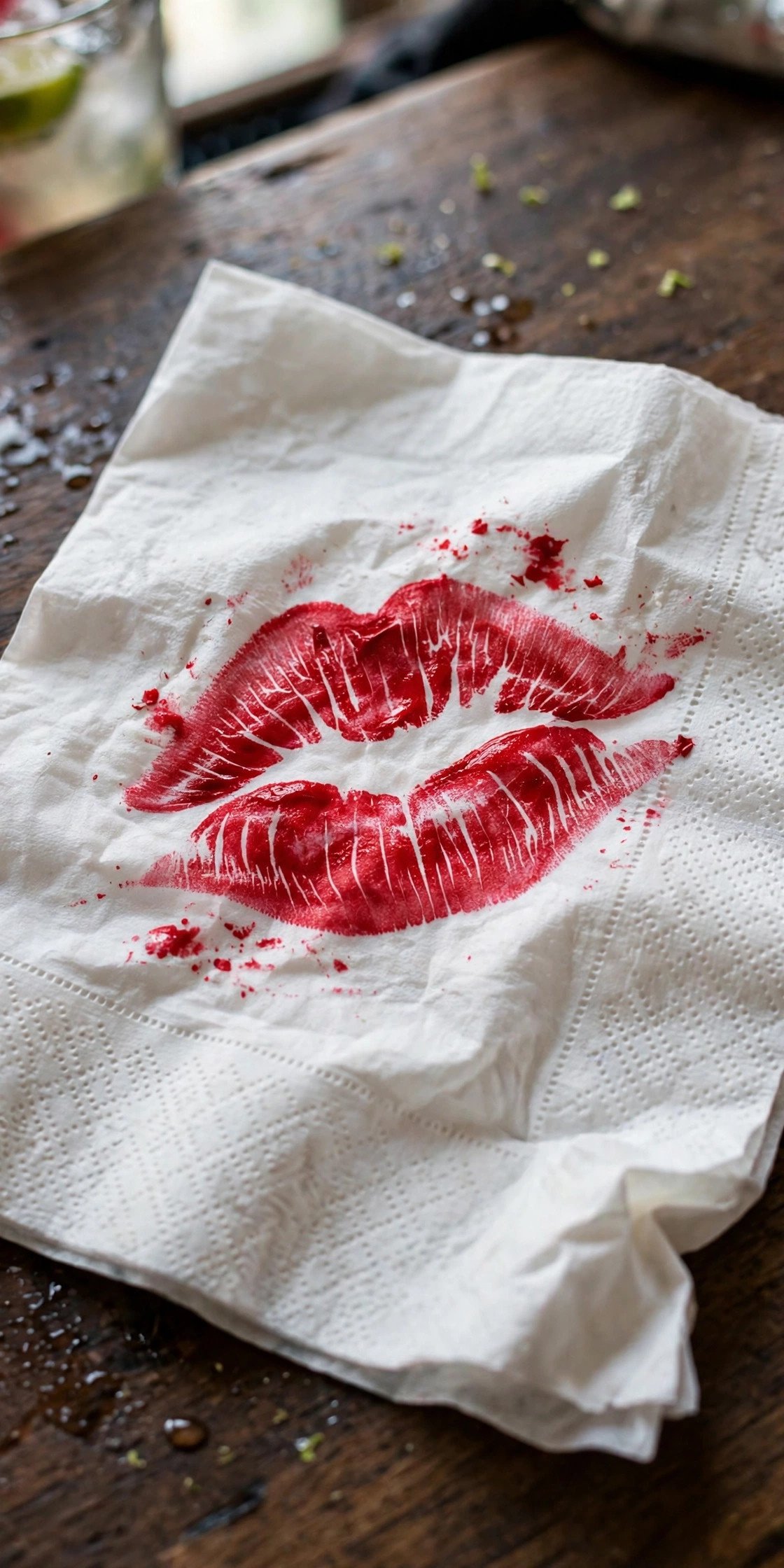 Red lipstick kiss mark stamped on a cocktail napkin