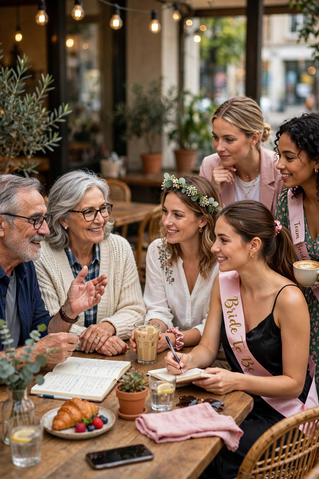 Older couple sharing marriage advice with bachelorette group