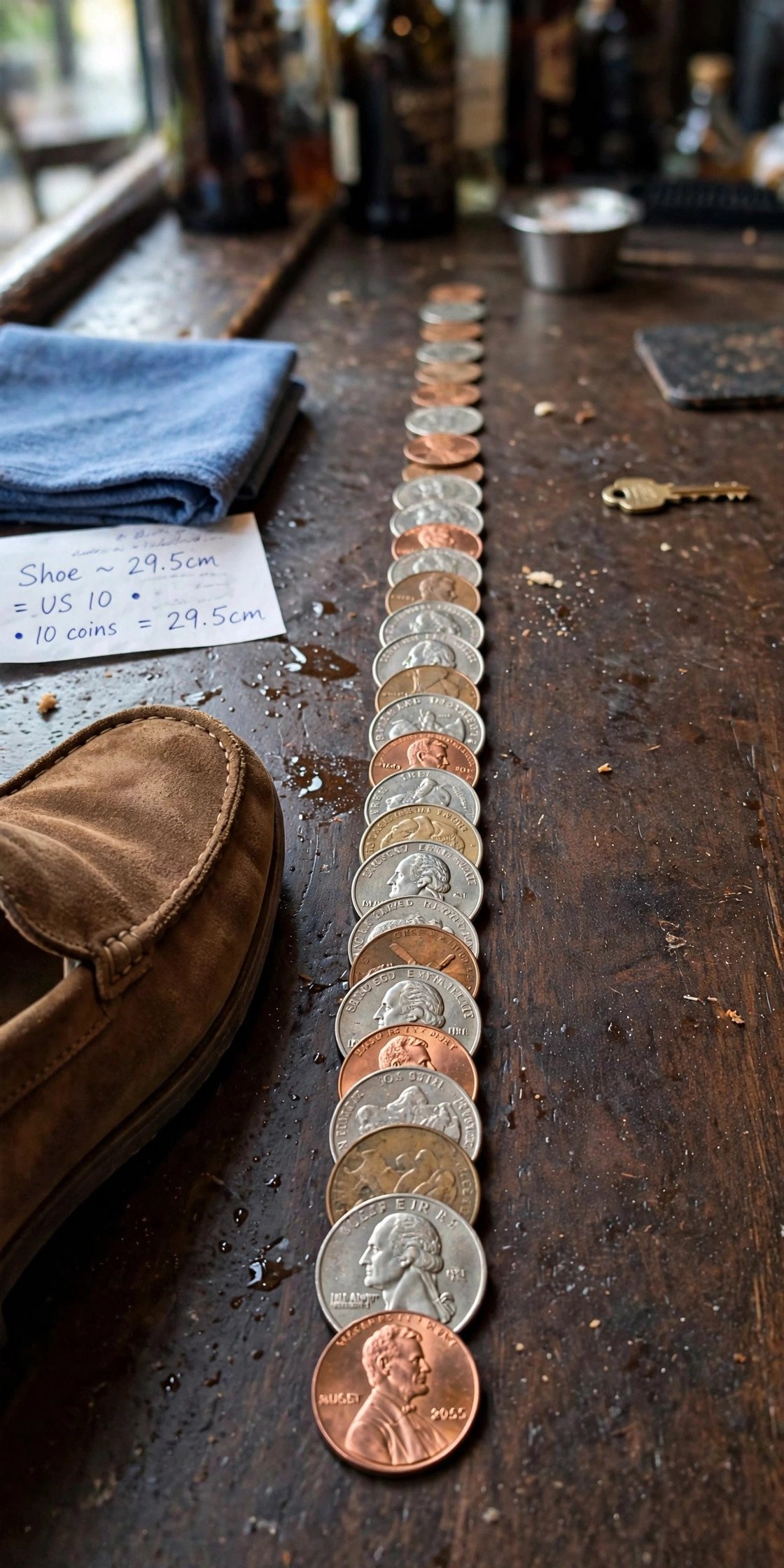 Row of coins lined up to match a shoe size on a bar table