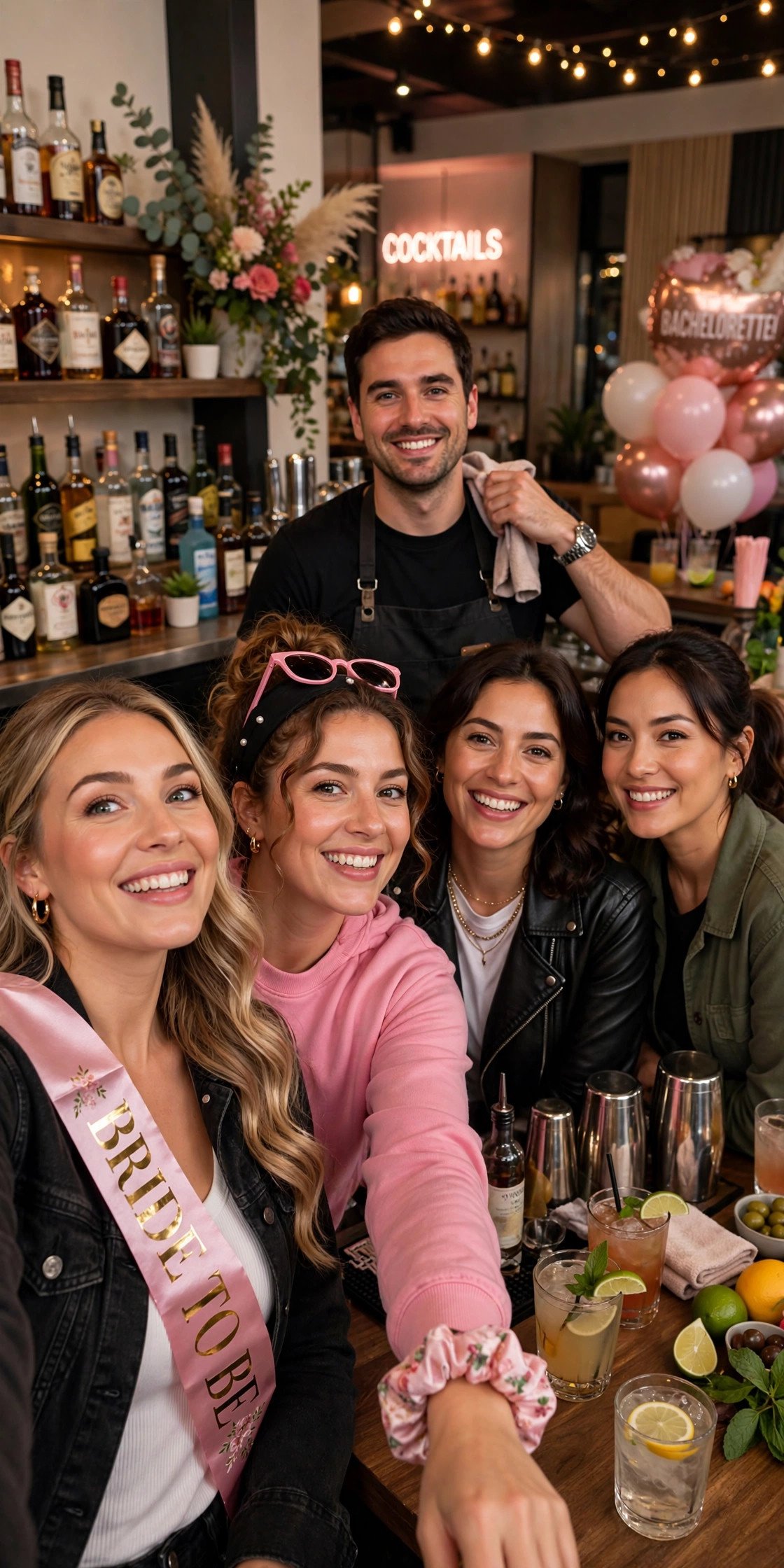 Bachelorette group taking a photo with a smiling bartender