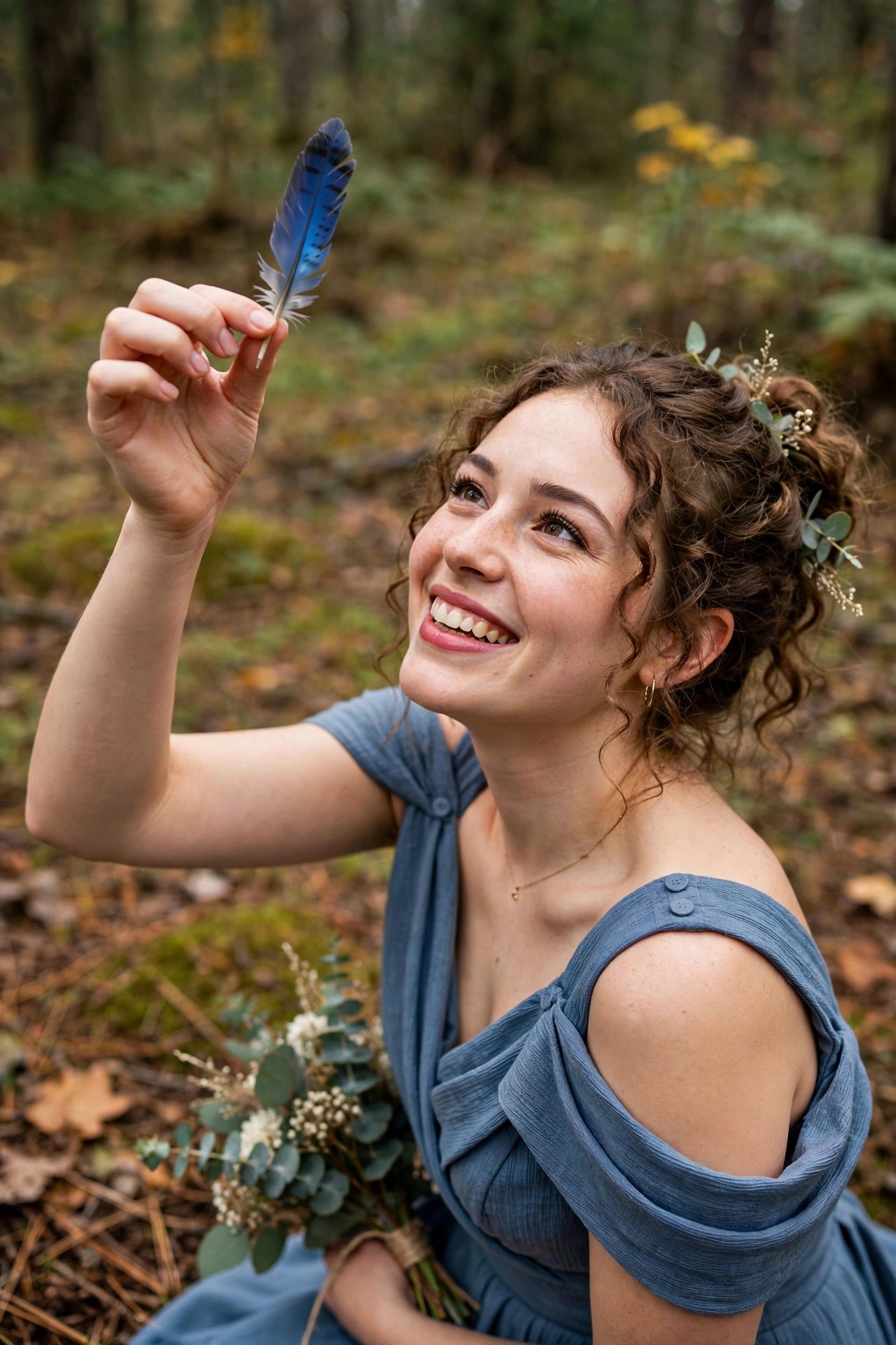 Bridesmaid holding up something blue found during the hunt