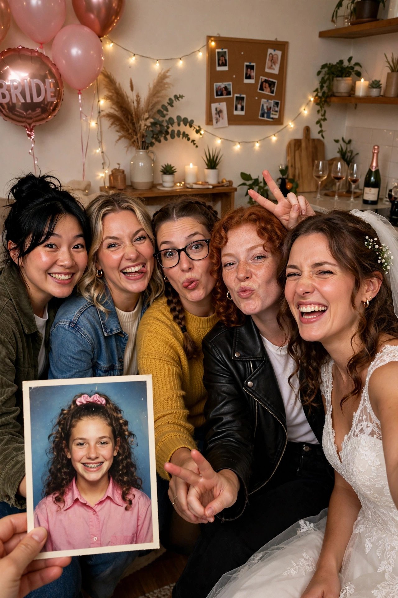 Friends recreating an embarrassing old photo of the bride