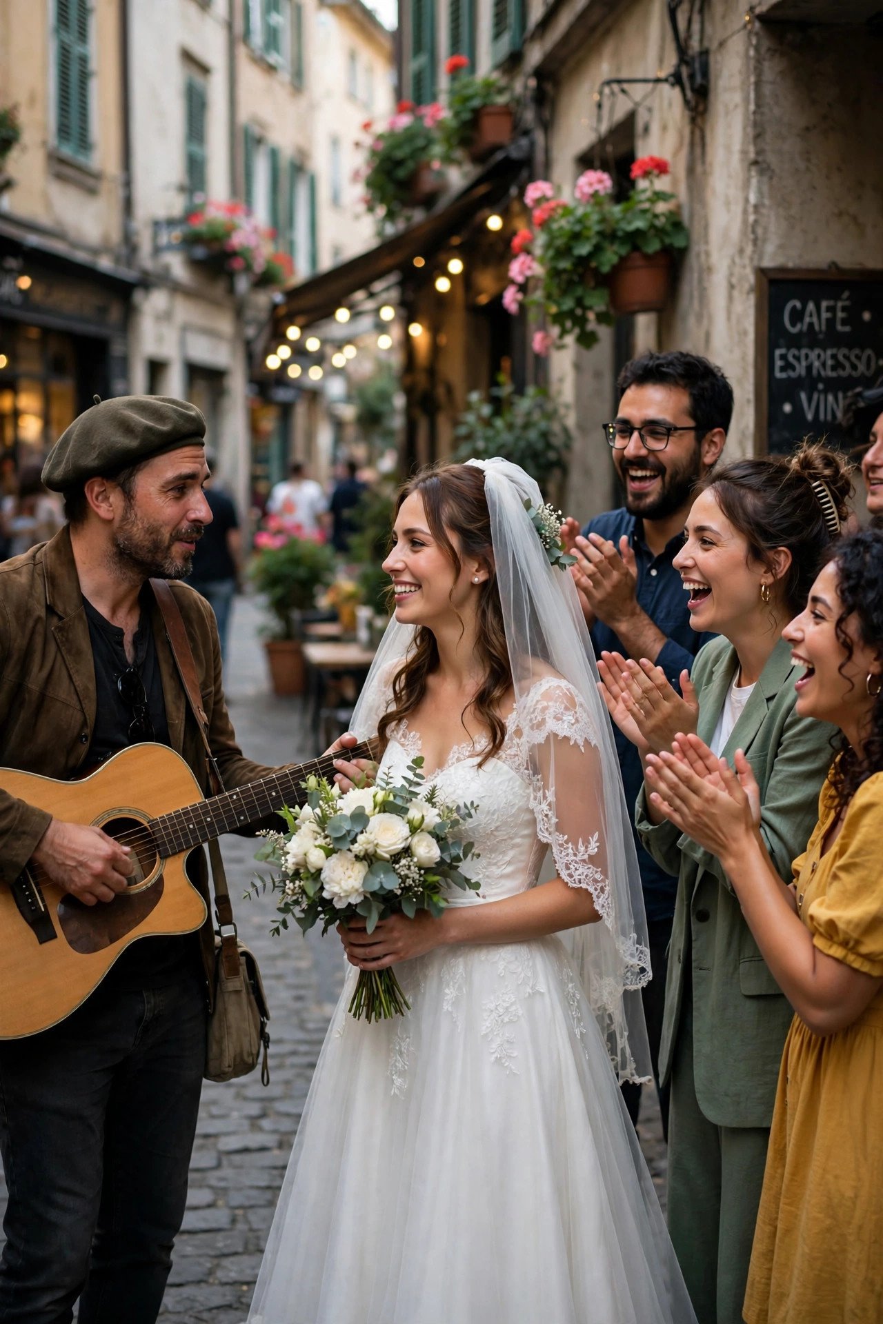 Street musician serenading the bride while friends cheer