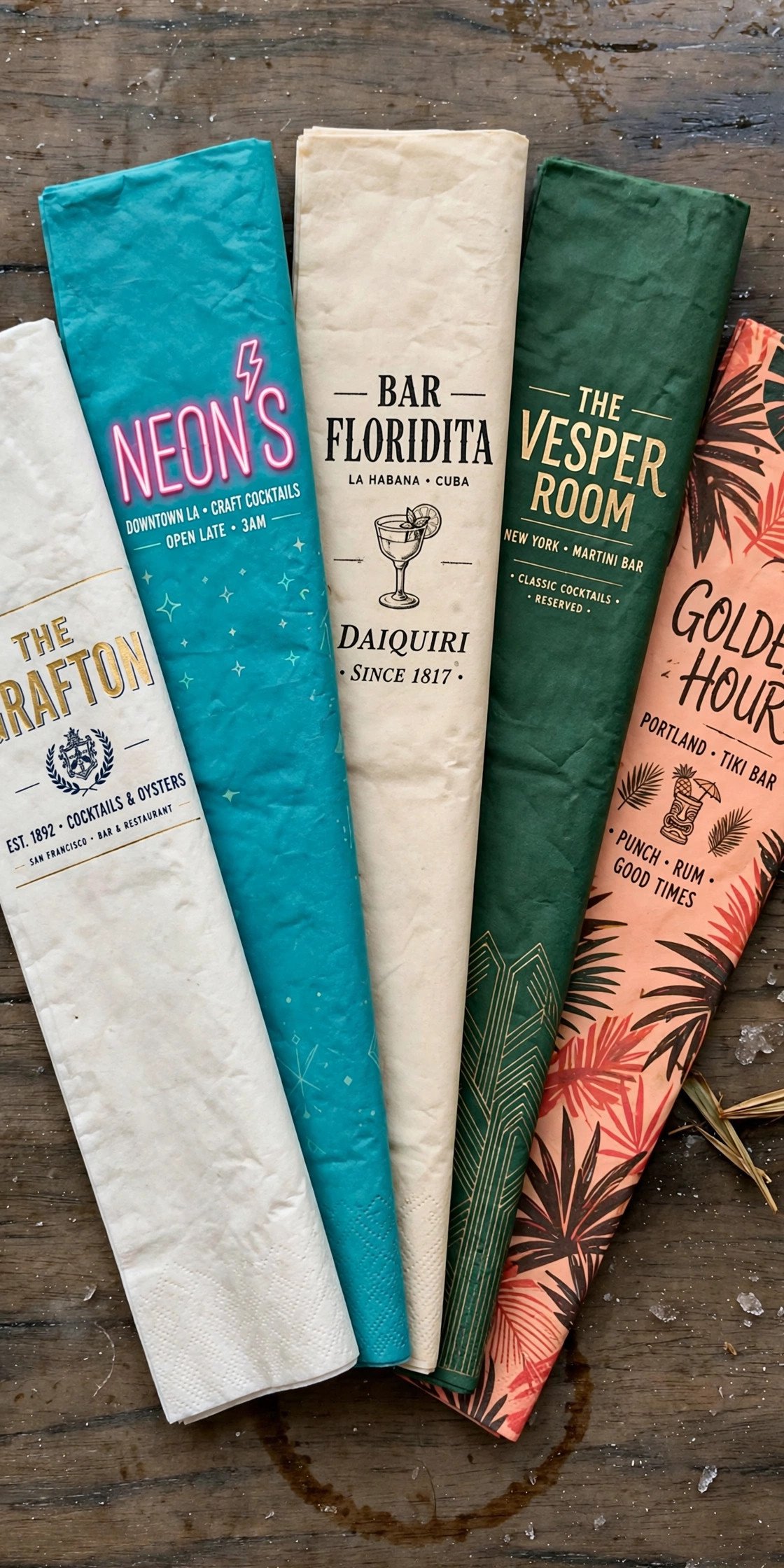Fan of five different cocktail napkins from different bars