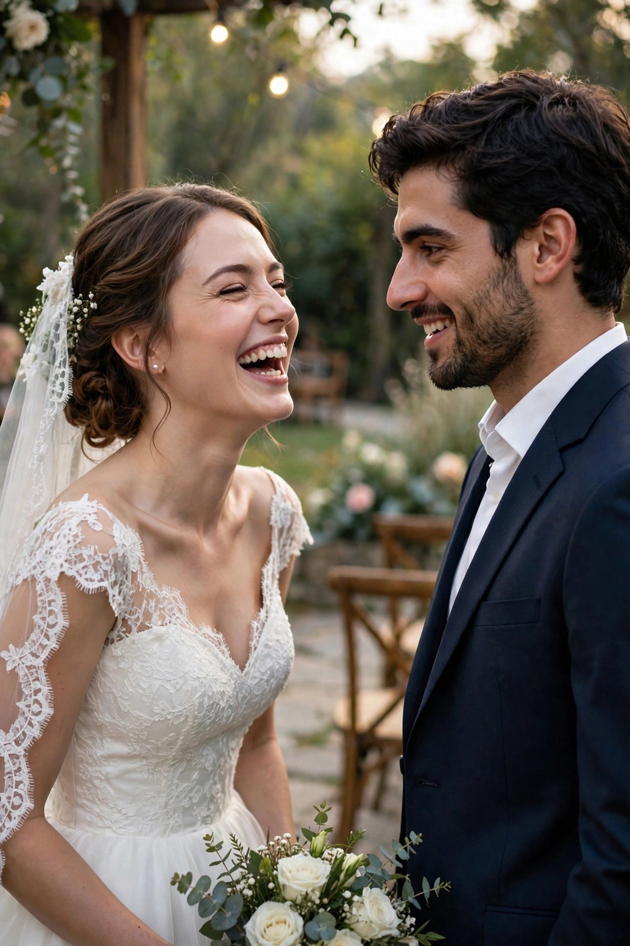 Bride laughing next to a stranger who resembles the groom