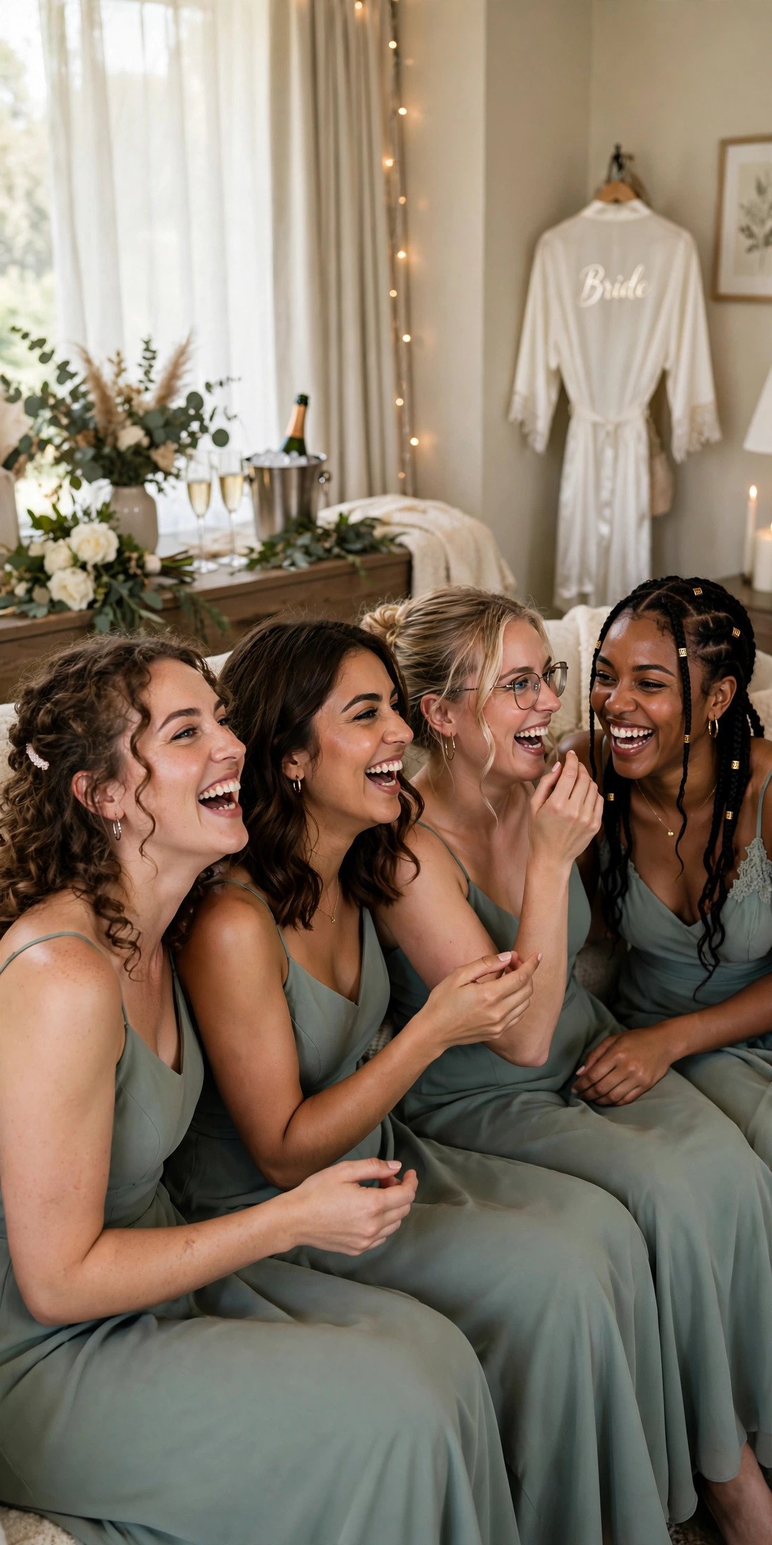 Bridesmaids laughing while telling stories about the bride