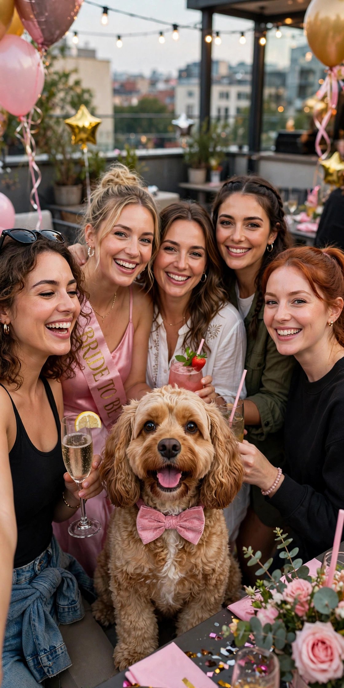 Cute dog wearing a bow posing with bachelorette group