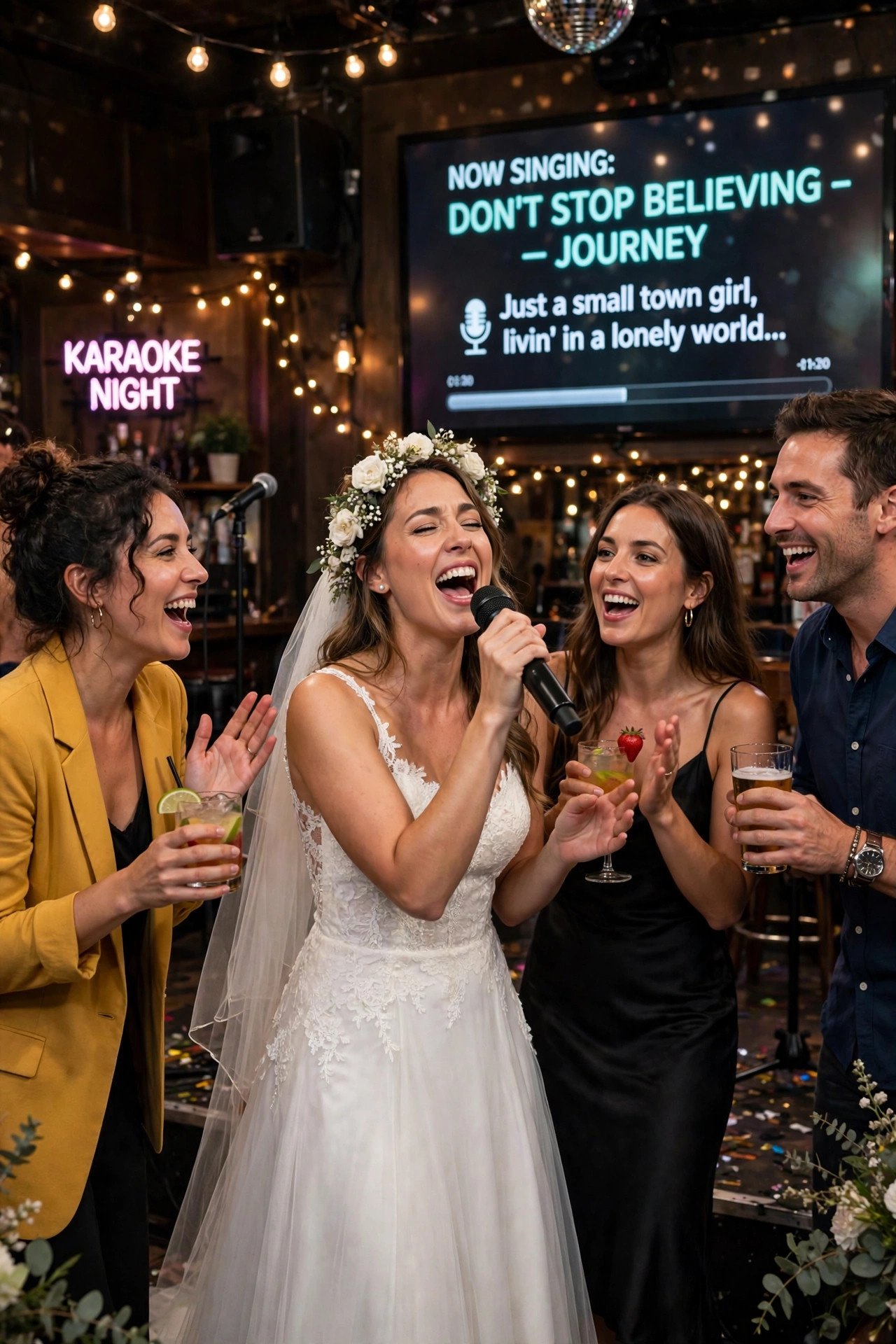 Bride belting out her karaoke song on stage with friends