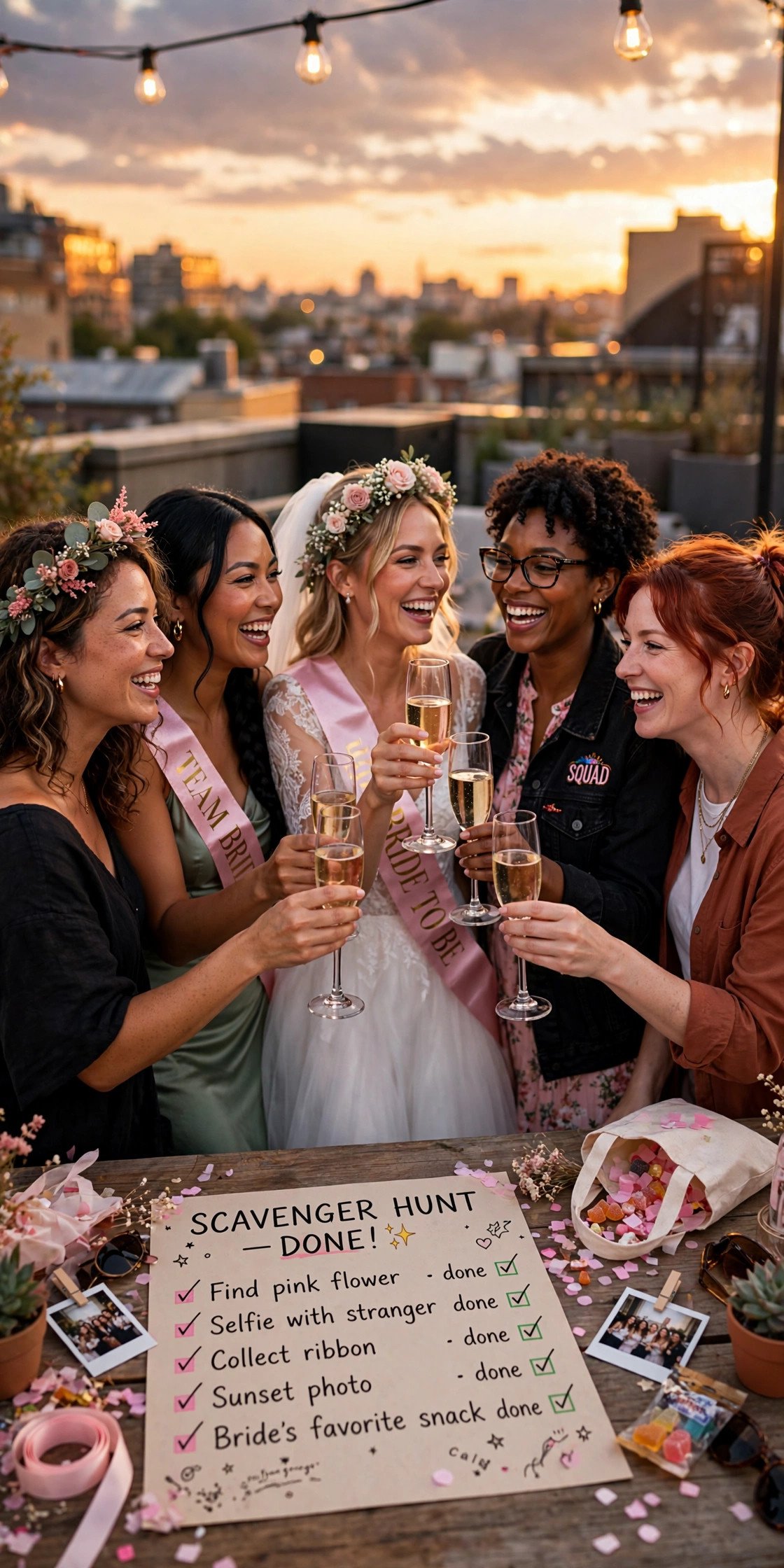 Bachelorette group toasting at sunset to end the scavenger hunt