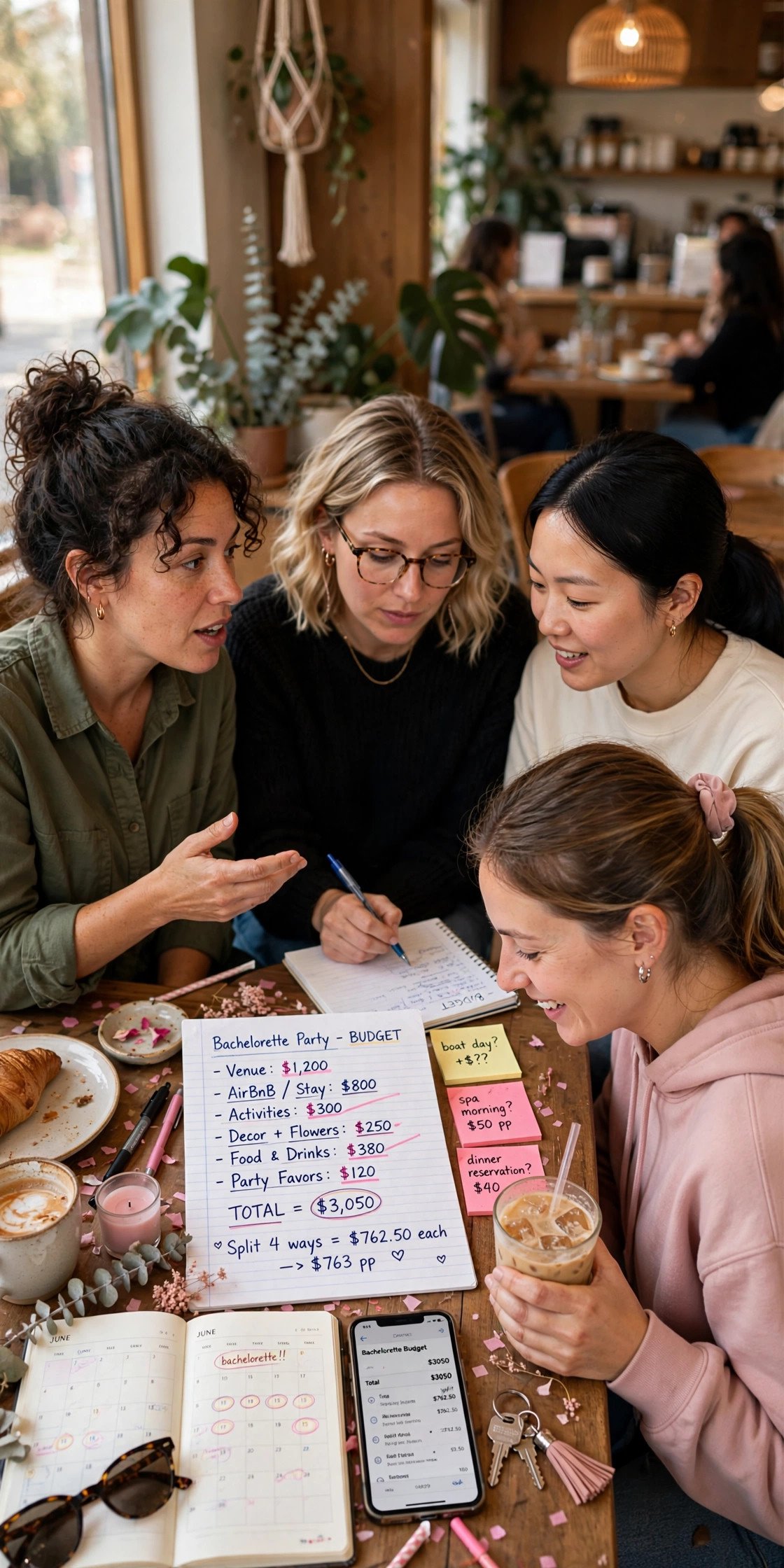 Friends discussing bachelorette party budget around a table