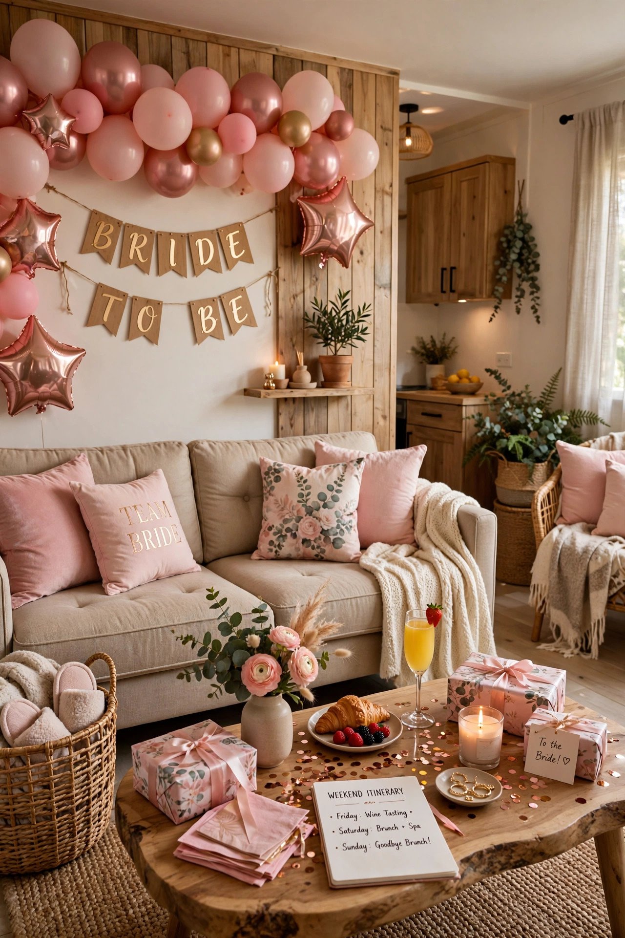 Cozy vacation rental living room set up for bachelorette weekend
